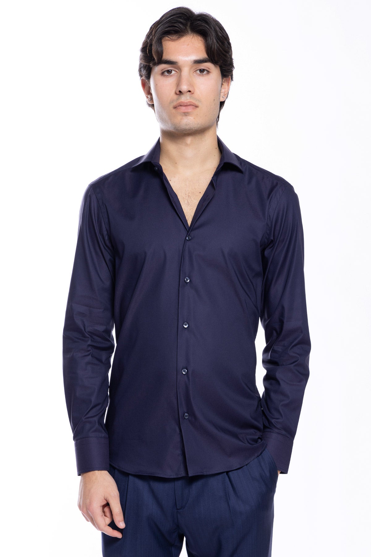 Camicia Uomo slim fit blu cotone Elastico Collo semi francese tinta unita sartoriale