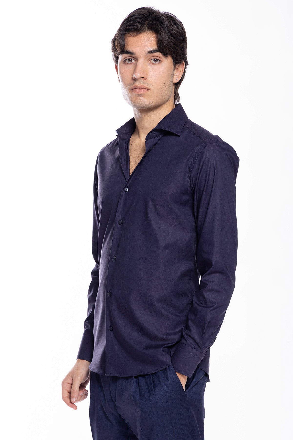 Camicia Uomo slim fit blu cotone Elastico Collo semi francese tinta unita sartoriale