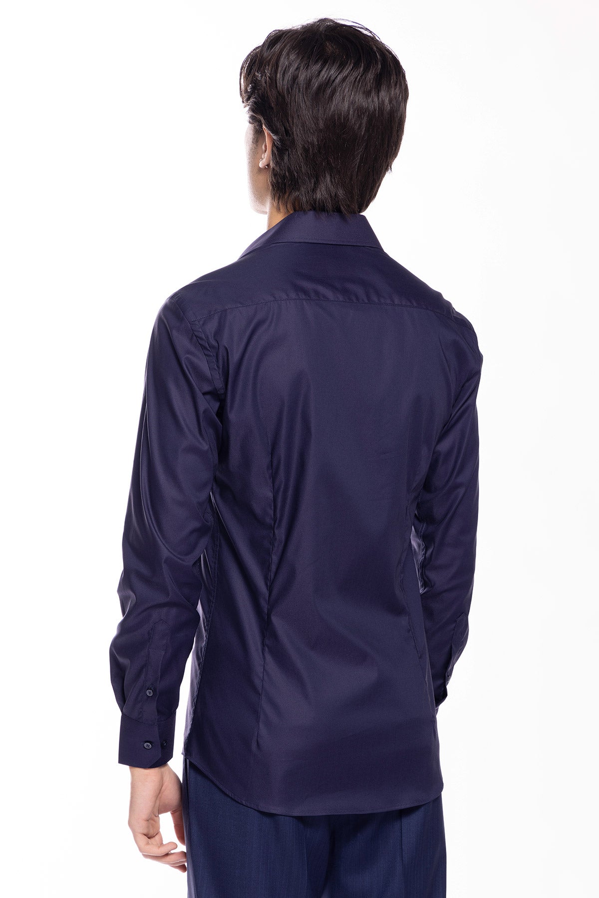 Camicia Uomo slim fit blu cotone Elastico Collo semi francese tinta unita sartoriale