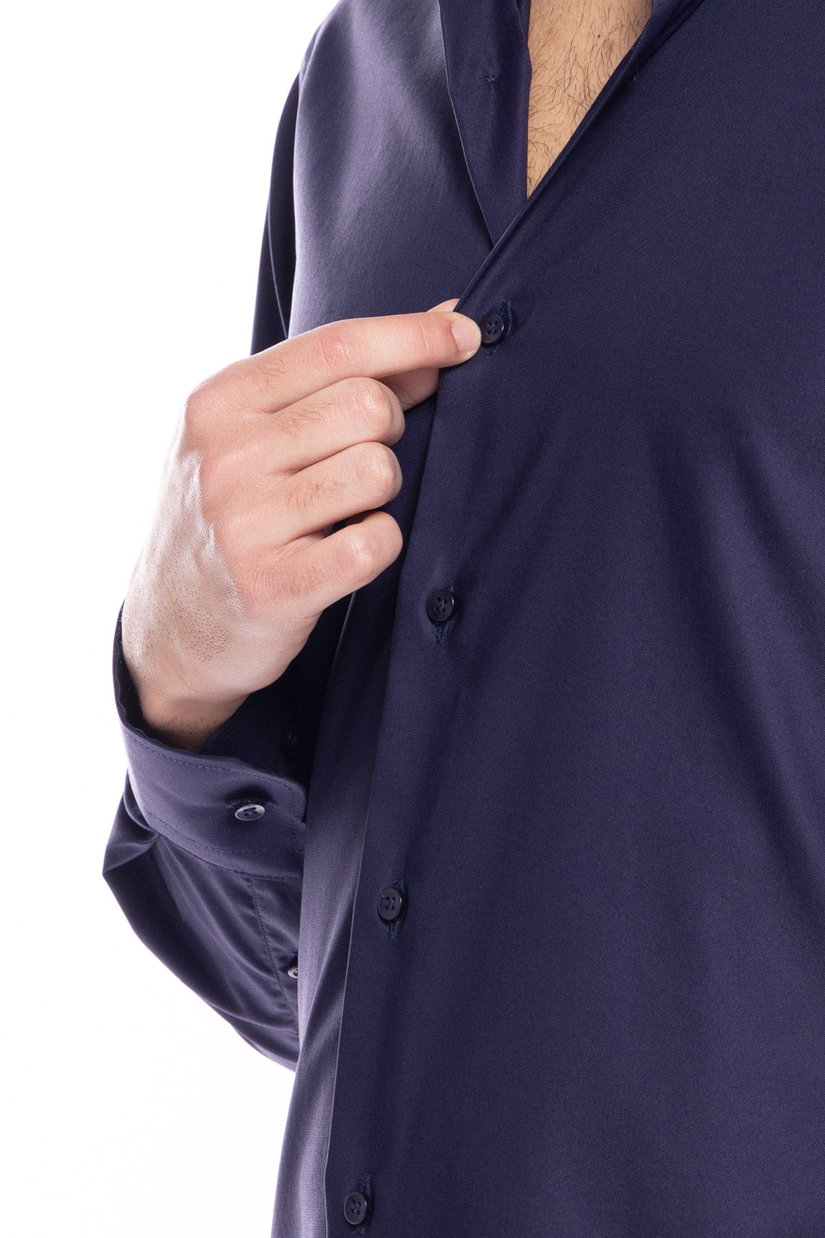 Camicia Uomo slim fit blu cotone Elastico Collo semi francese tinta unita sartoriale