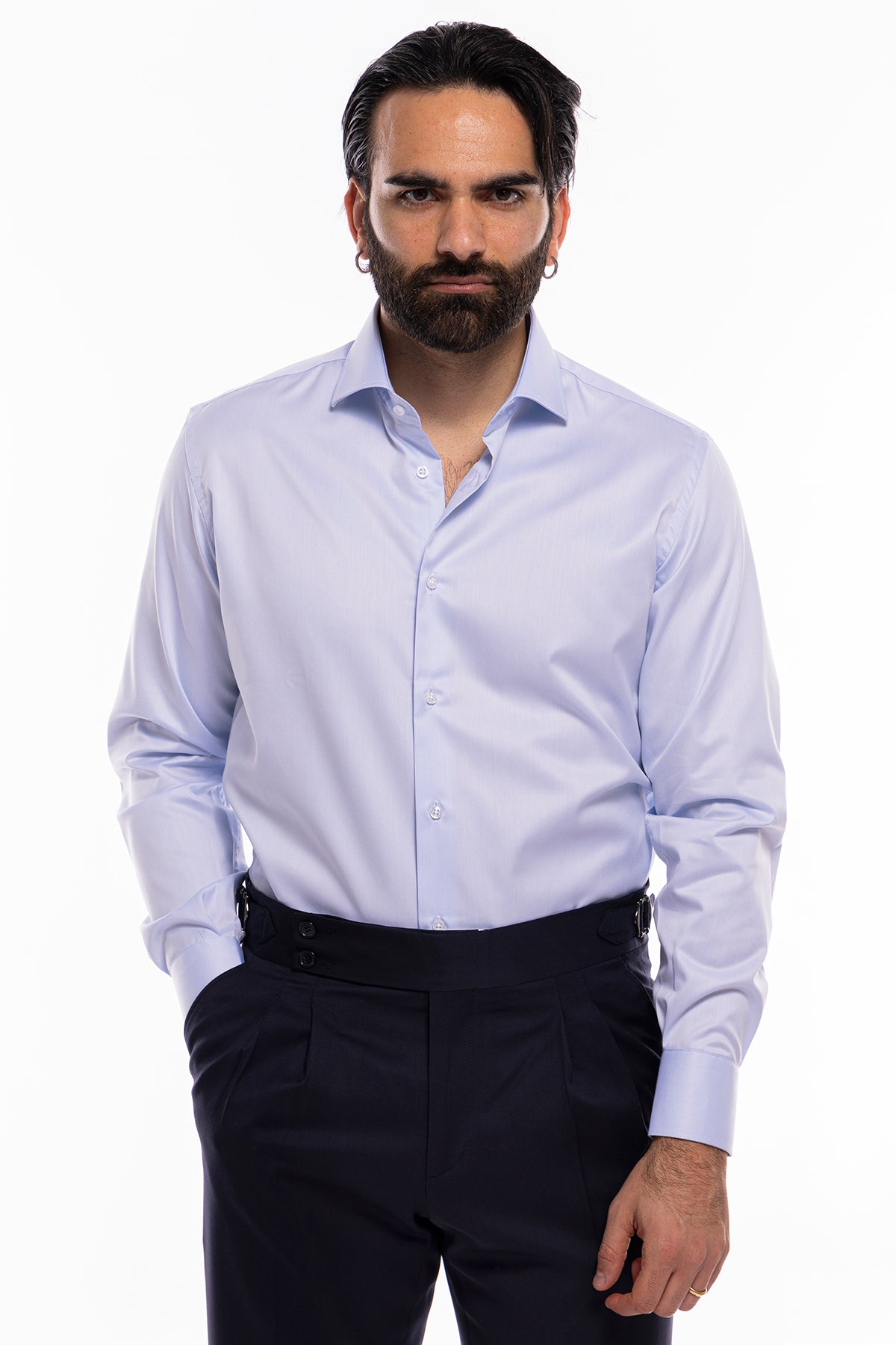 Camicia Uomo regular Fit celeste 100% cotone no iron Tinta unita collo semi francese mileta Tessuti