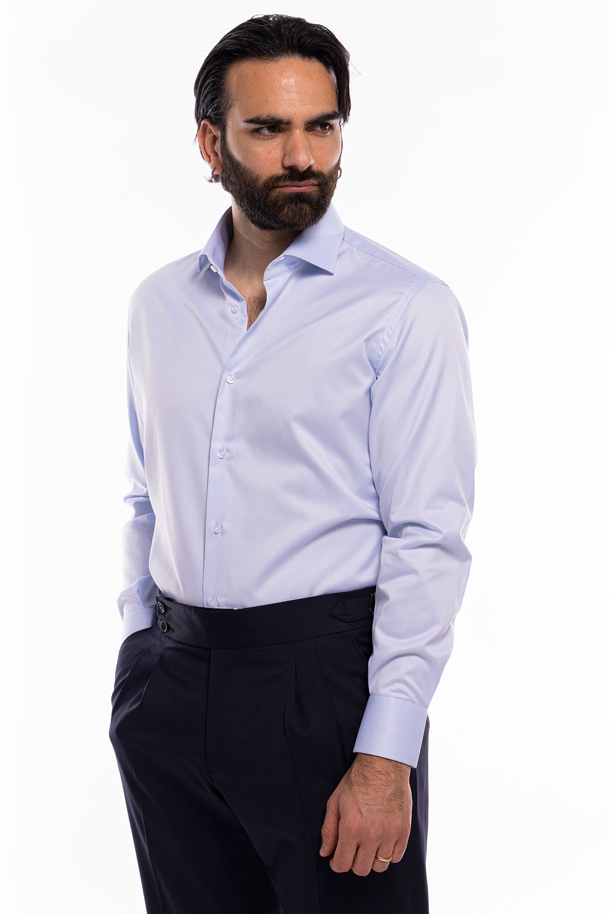 Camicia Uomo regular Fit celeste 100% cotone no iron Tinta unita collo semi francese mileta Tessuti