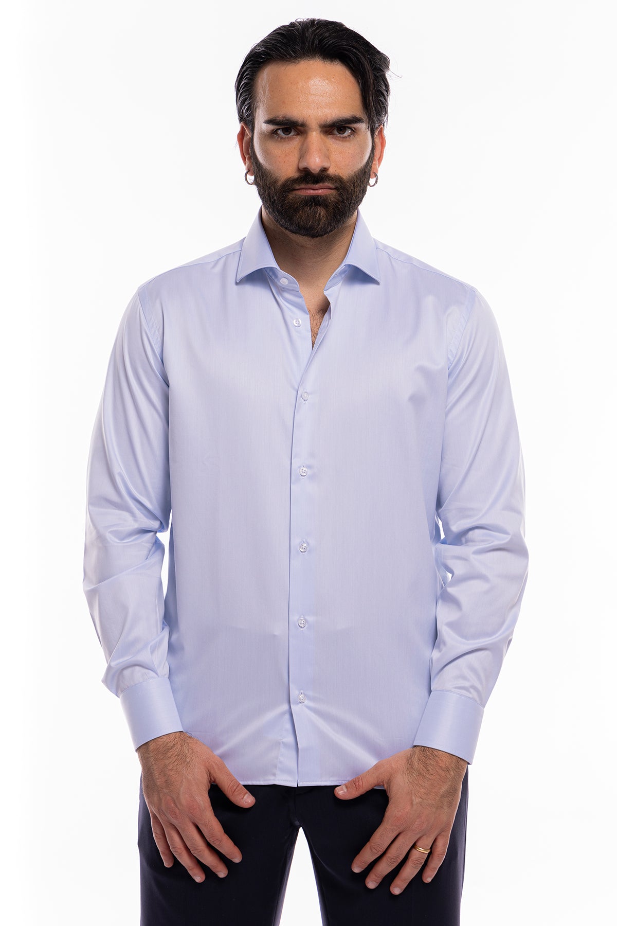 Camicia Uomo regular Fit celeste 100% cotone no iron Tinta unita collo semi francese mileta Tessuti