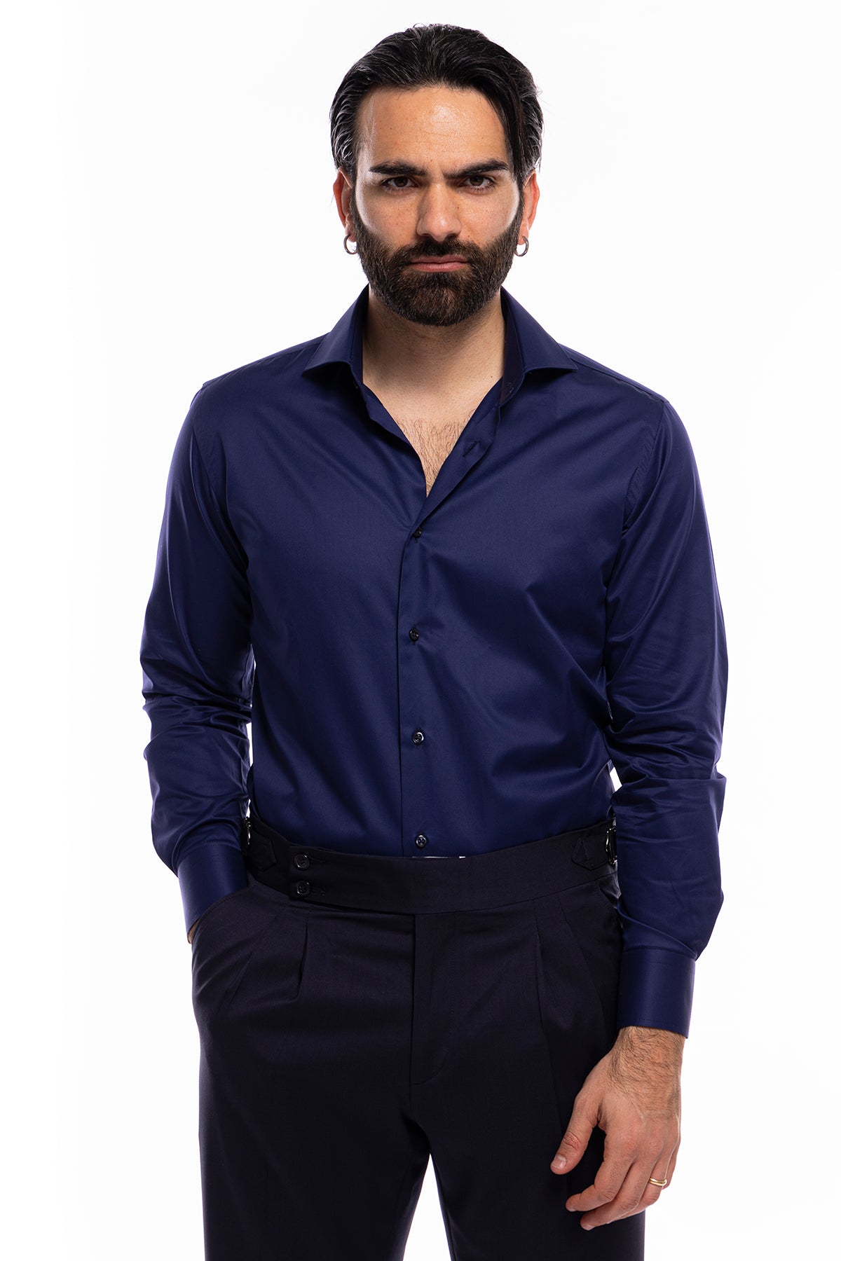 Camicia Uomo regular Fit blu 100% cotone Tinta unita collo semi francese mileta Tessuti