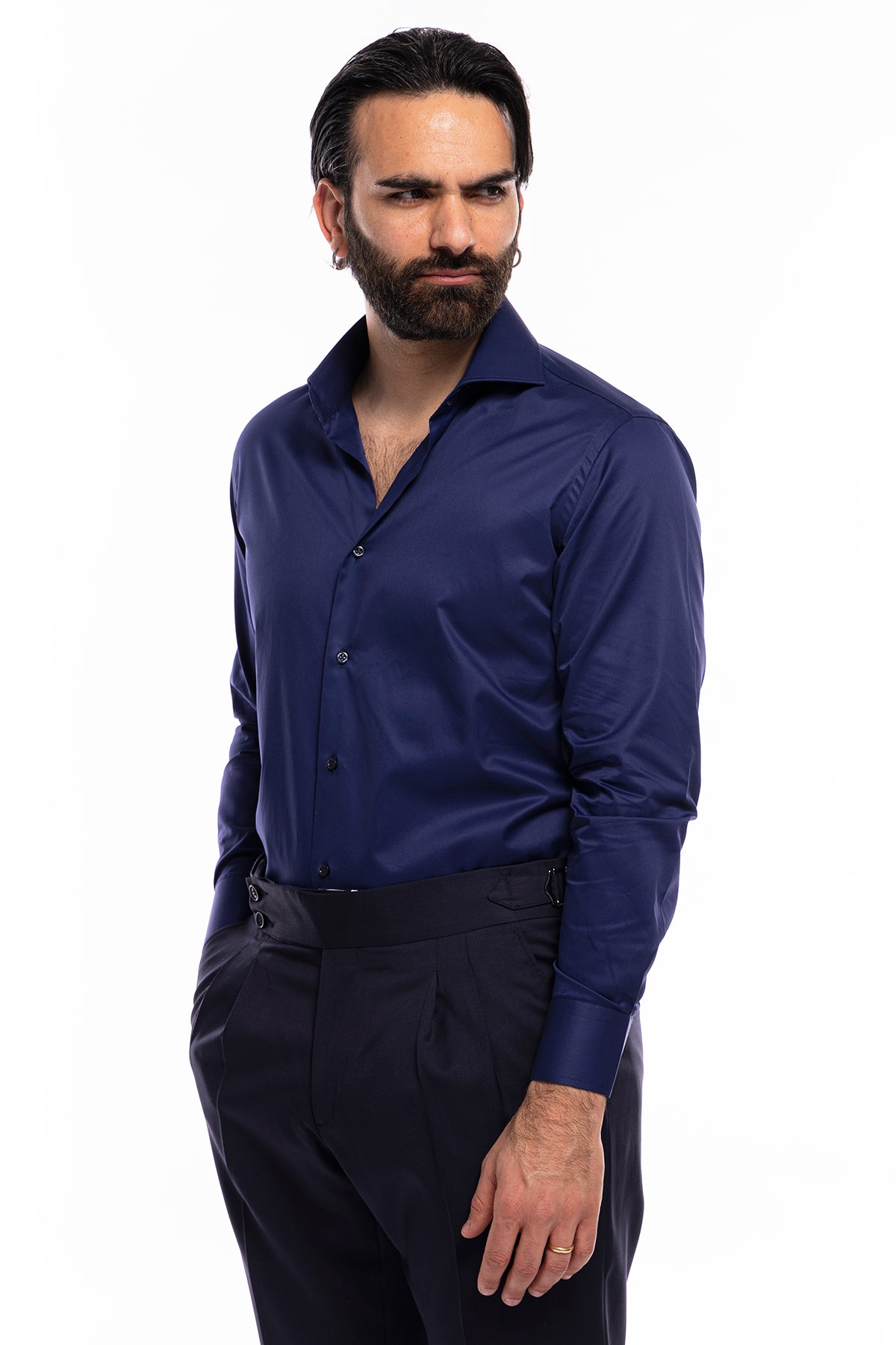 Camicia Uomo regular Fit blu 100% cotone Tinta unita collo semi francese mileta Tessuti