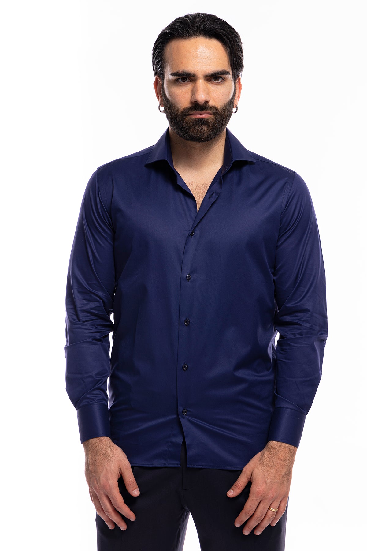 Camicia Uomo regular Fit blu 100% cotone Tinta unita collo semi francese mileta Tessuti