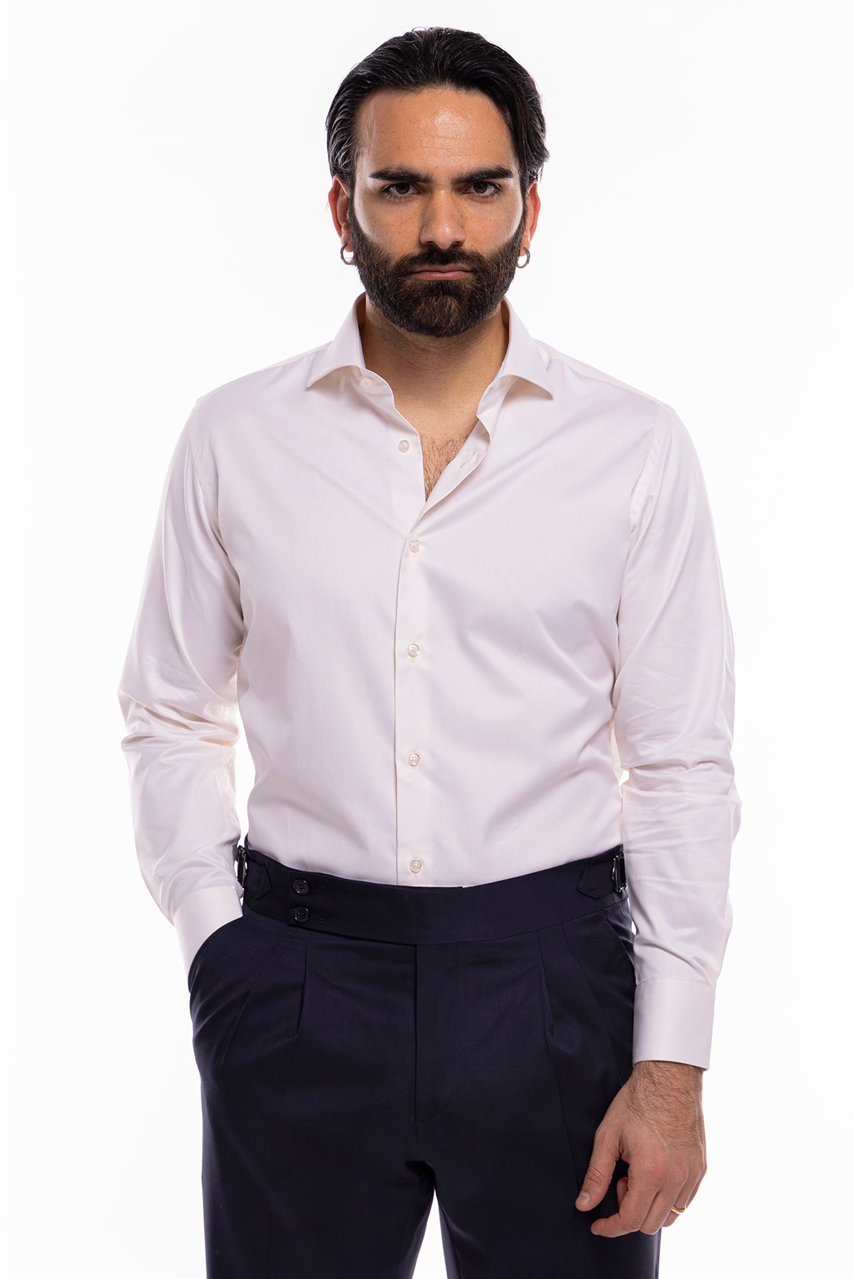 Camicia Uomo regular Fit panna 100% cotone Tinta unita collo semi francese mileta Tessuti