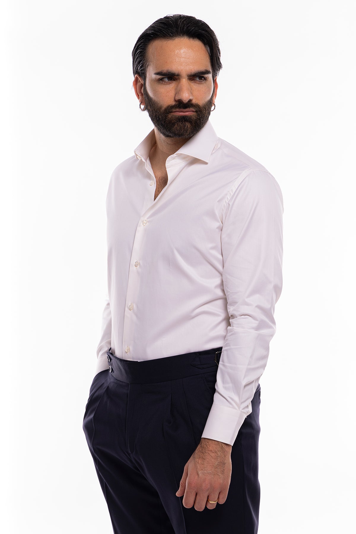 Camicia Uomo regular Fit panna 100% cotone Tinta unita collo semi francese mileta Tessuti