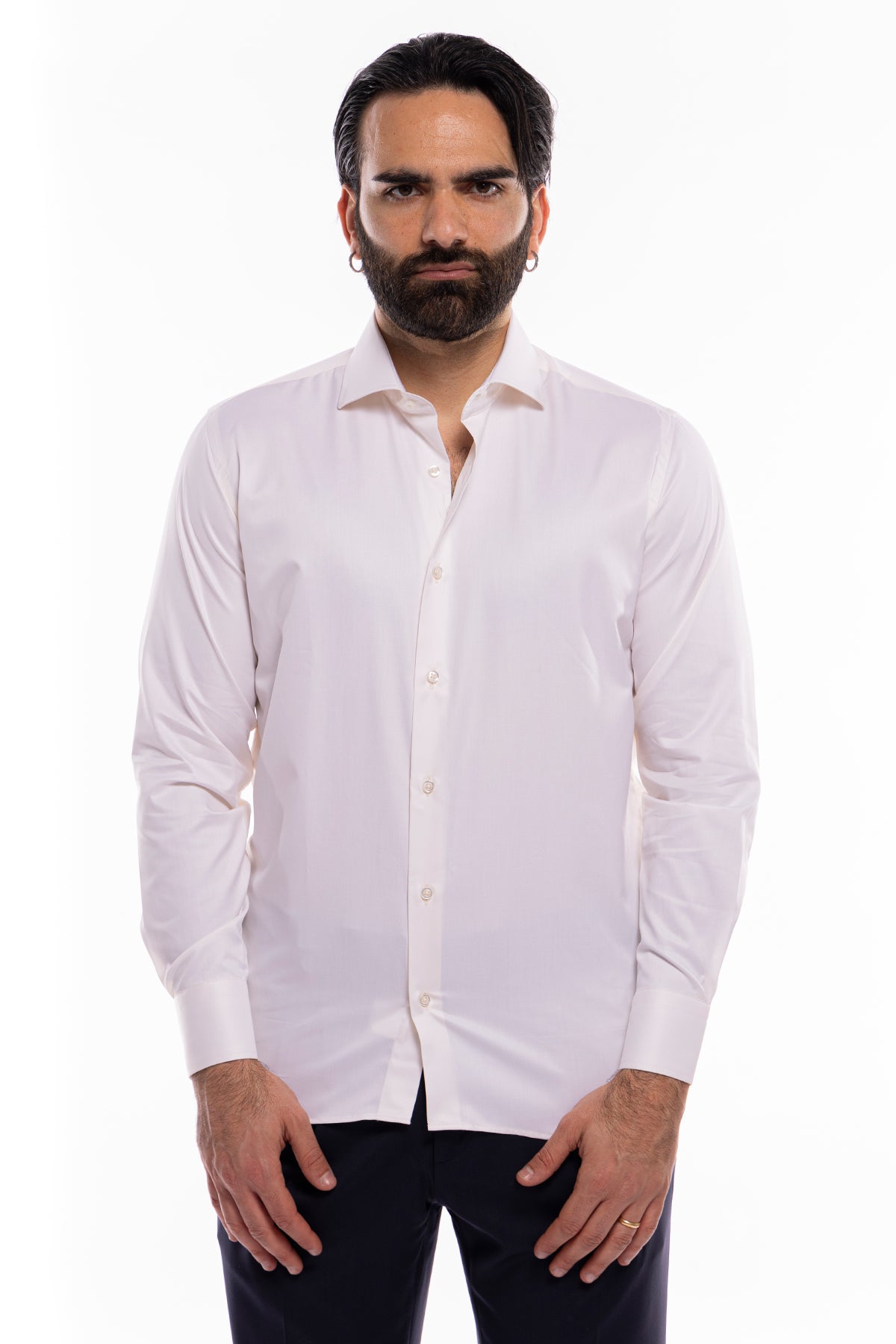 Camicia Uomo regular Fit panna 100% cotone Tinta unita collo semi francese mileta Tessuti