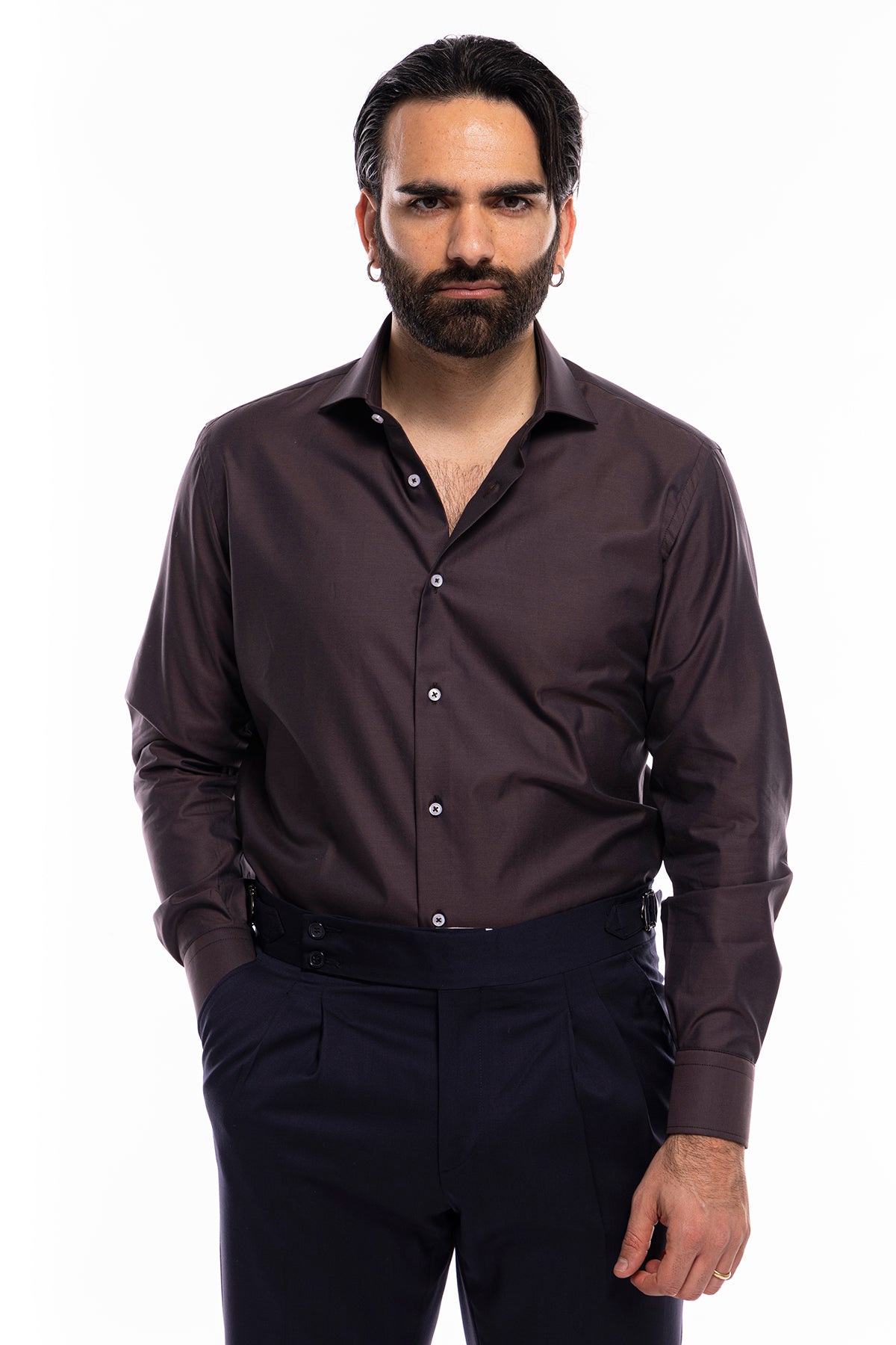 Camicia Uomo regular Fit marrone 100% cotone Tinta unita collo semi francese mileta Tessuti