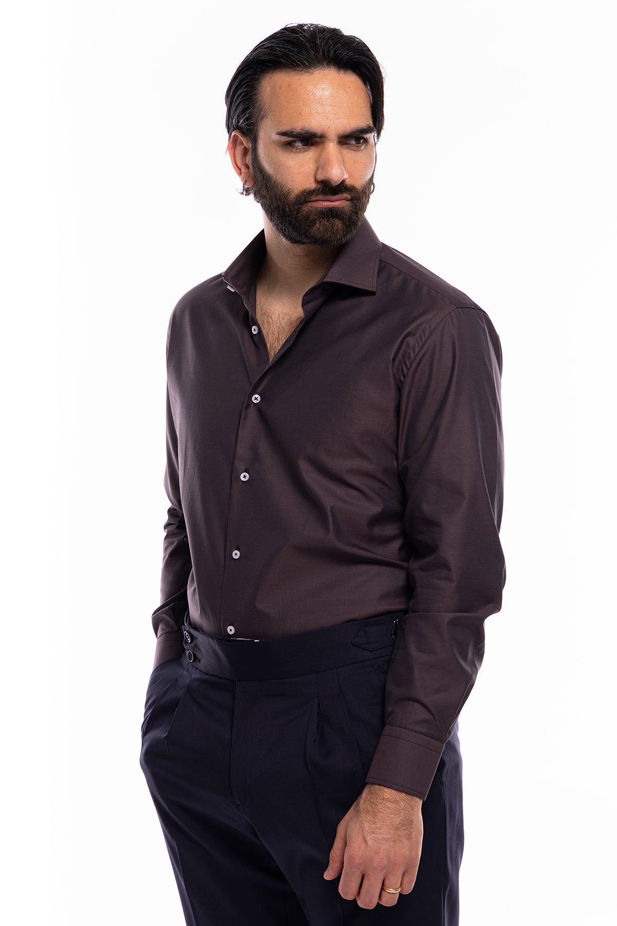 Camicia Uomo regular Fit marrone 100% cotone Tinta unita collo semi francese mileta Tessuti