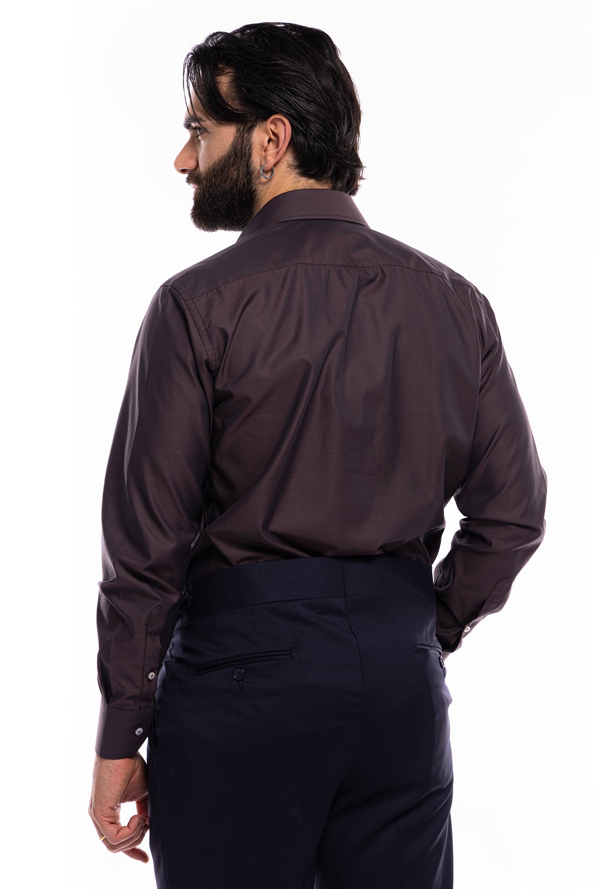 Camicia Uomo regular Fit marrone 100% cotone Tinta unita collo semi francese mileta Tessuti