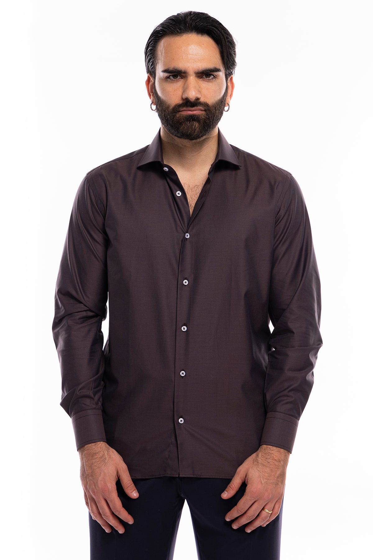 Camicia Uomo regular Fit marrone 100% cotone Tinta unita collo semi francese mileta Tessuti