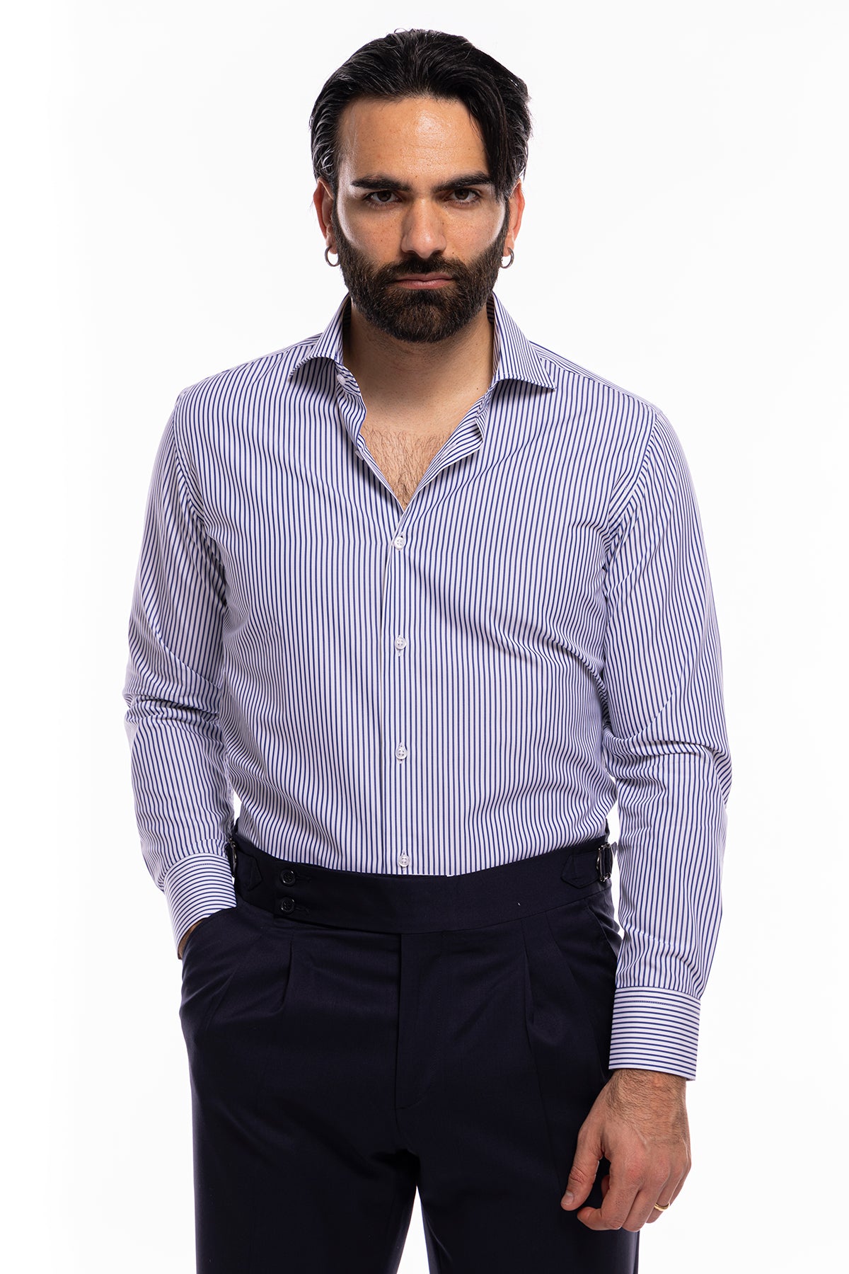 Camicia Uomo regular Fit riga blu stretta 100% cotone collo semi francese mileta Tessuti
