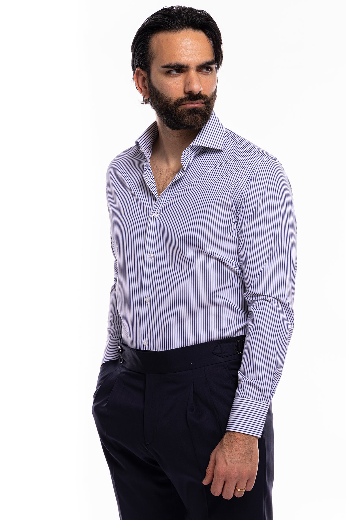Camicia Uomo regular Fit riga blu stretta 100% cotone collo semi francese mileta Tessuti