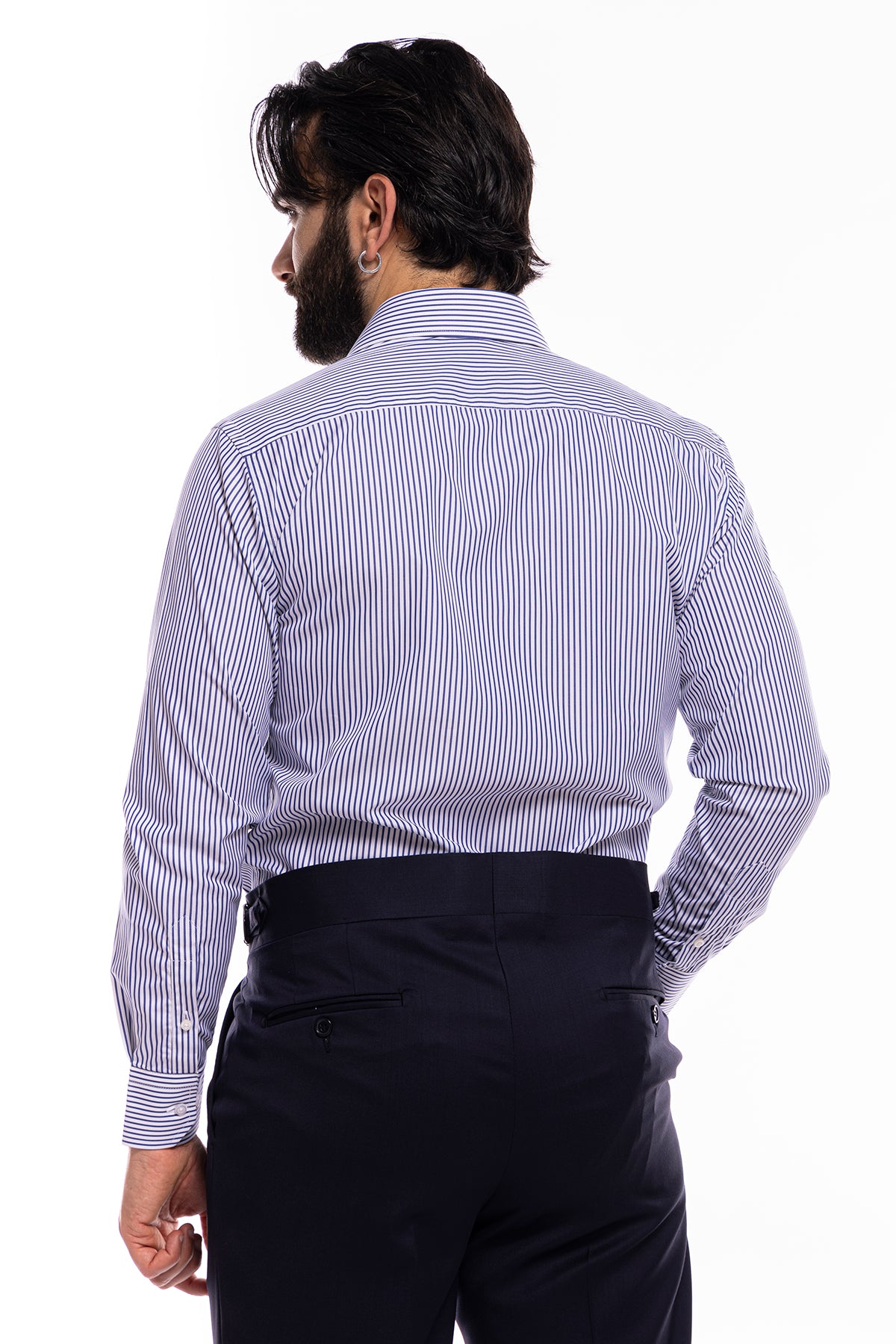 Camicia Uomo regular Fit riga blu stretta 100% cotone collo semi francese mileta Tessuti