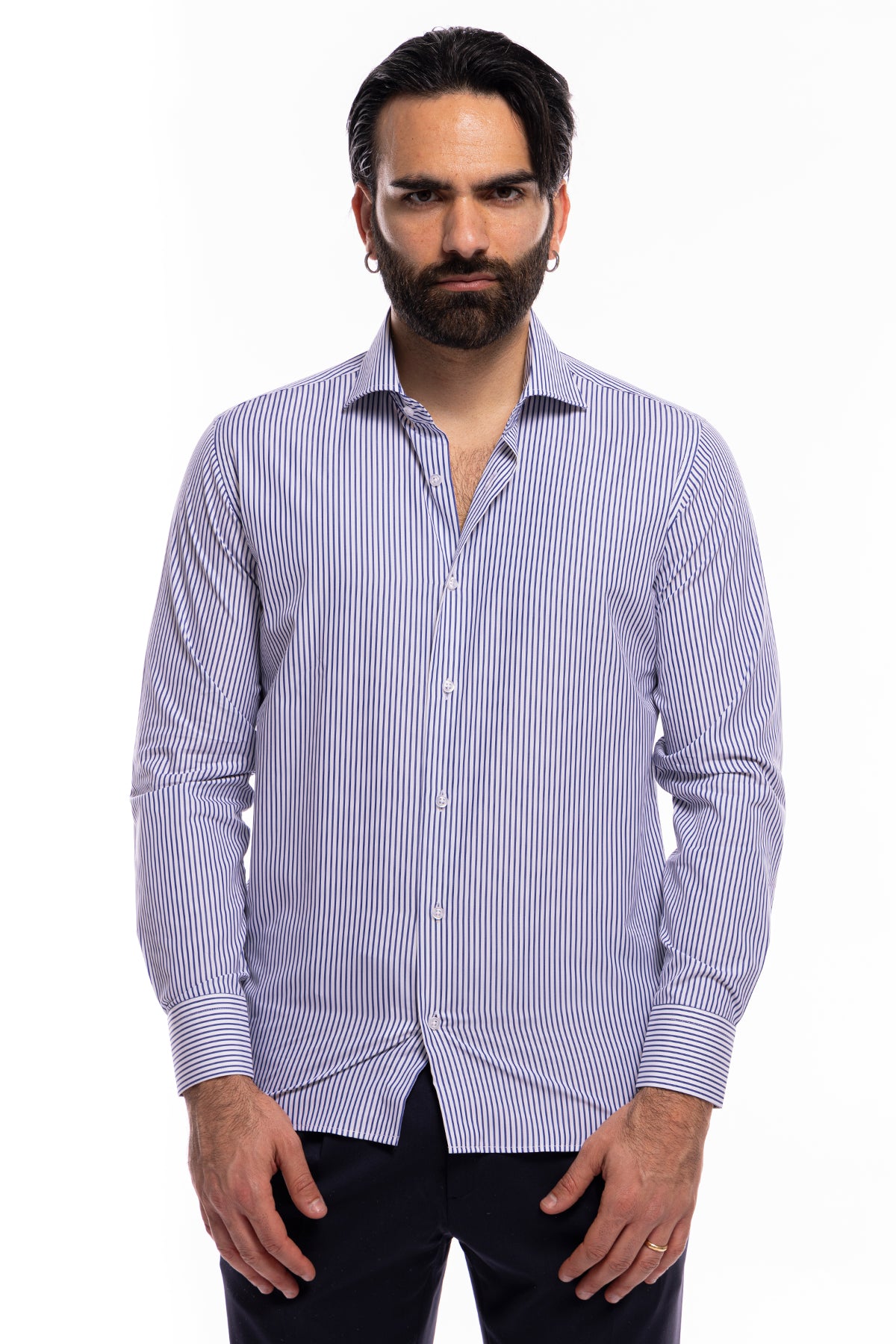 Camicia Uomo regular Fit riga blu stretta 100% cotone collo semi francese mileta Tessuti