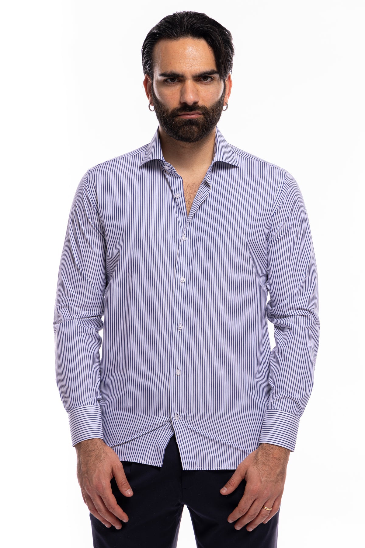 Camicia Uomo regular Fit riga blu stretta 100% cotone collo semi francese mileta Tessuti
