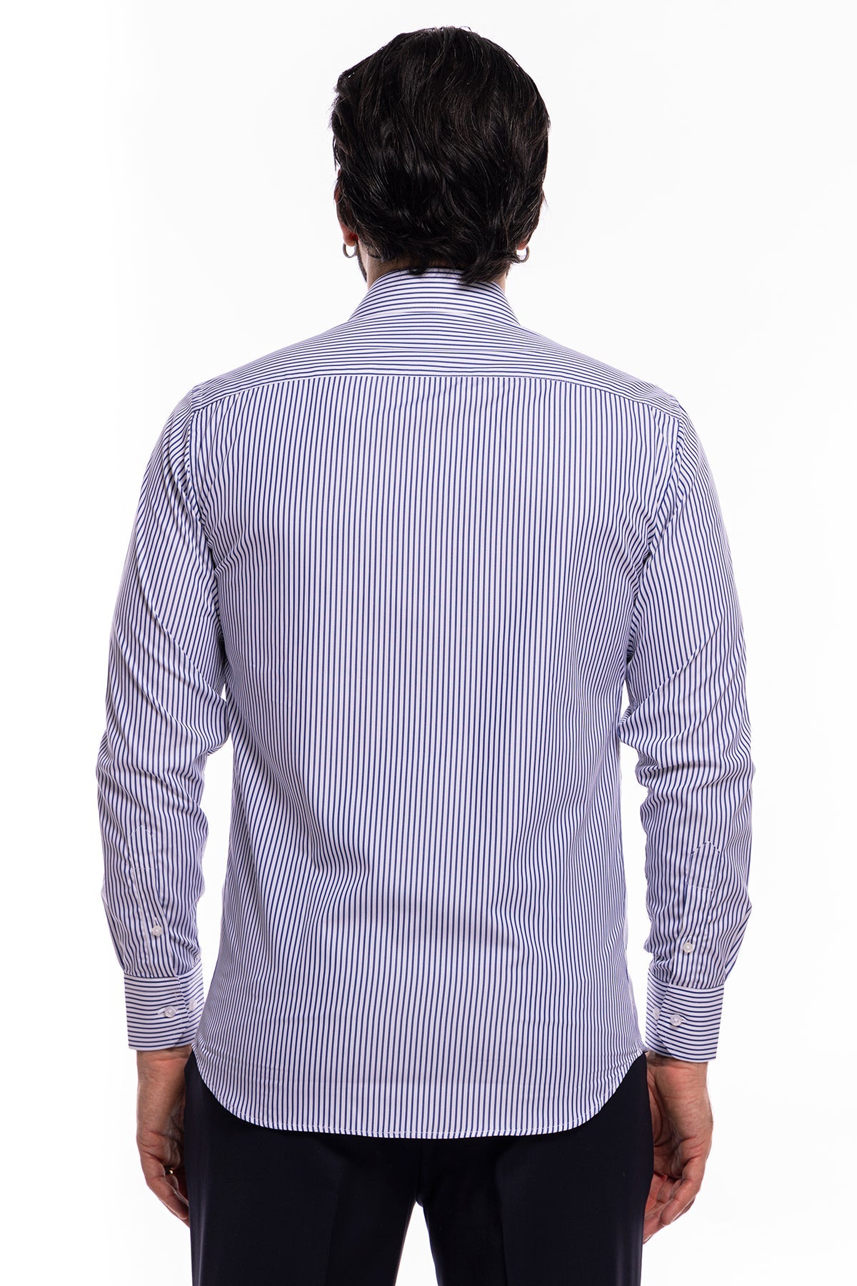Camicia Uomo regular Fit riga blu stretta 100% cotone collo semi francese mileta Tessuti