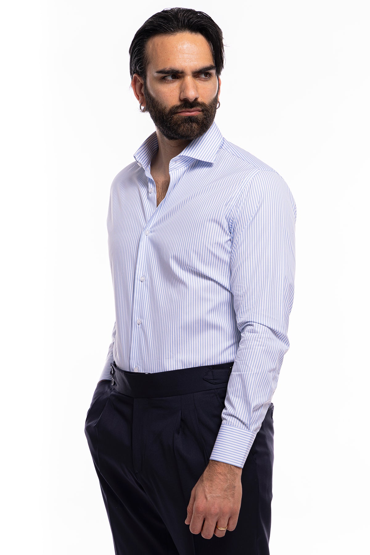 Camicia Uomo regular Fit riga celeste stretta 100% cotone collo semi francese mileta Tessuti