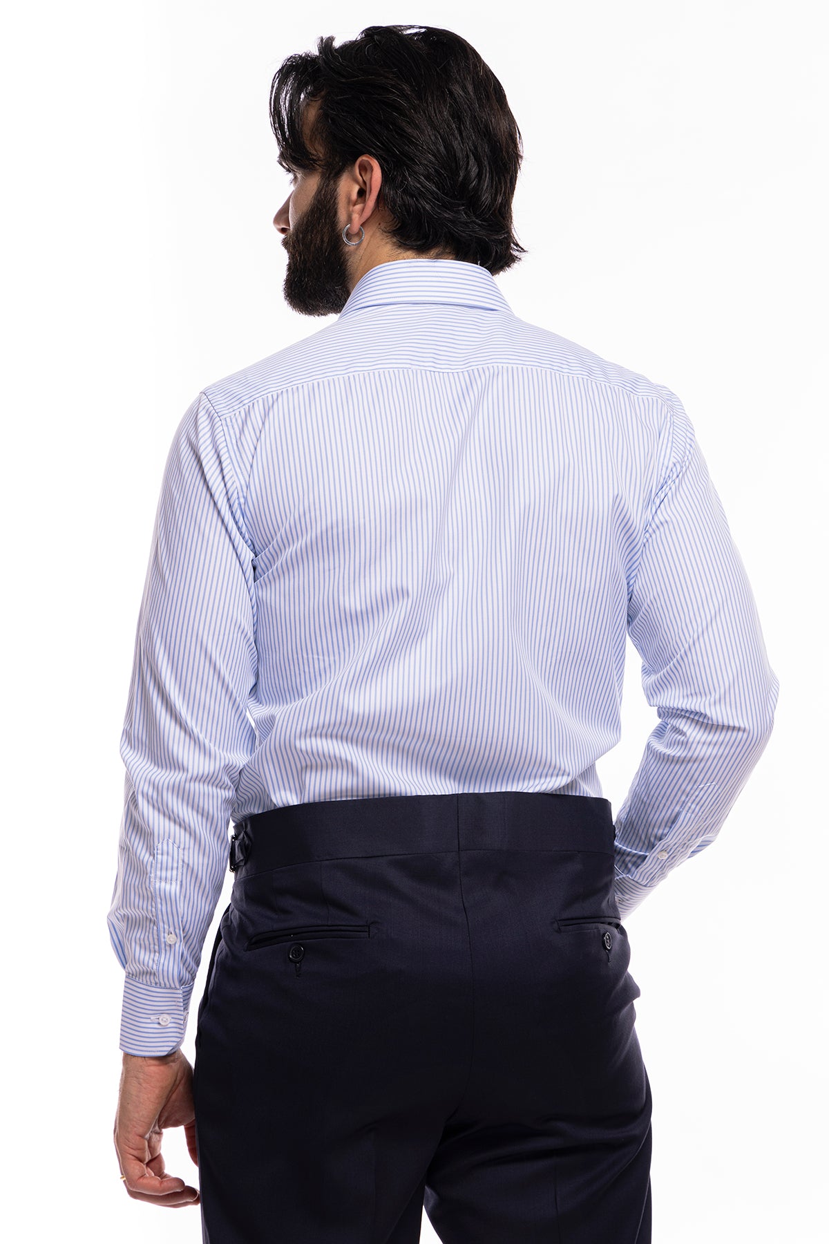 Camicia Uomo regular Fit riga celeste stretta 100% cotone collo semi francese mileta Tessuti
