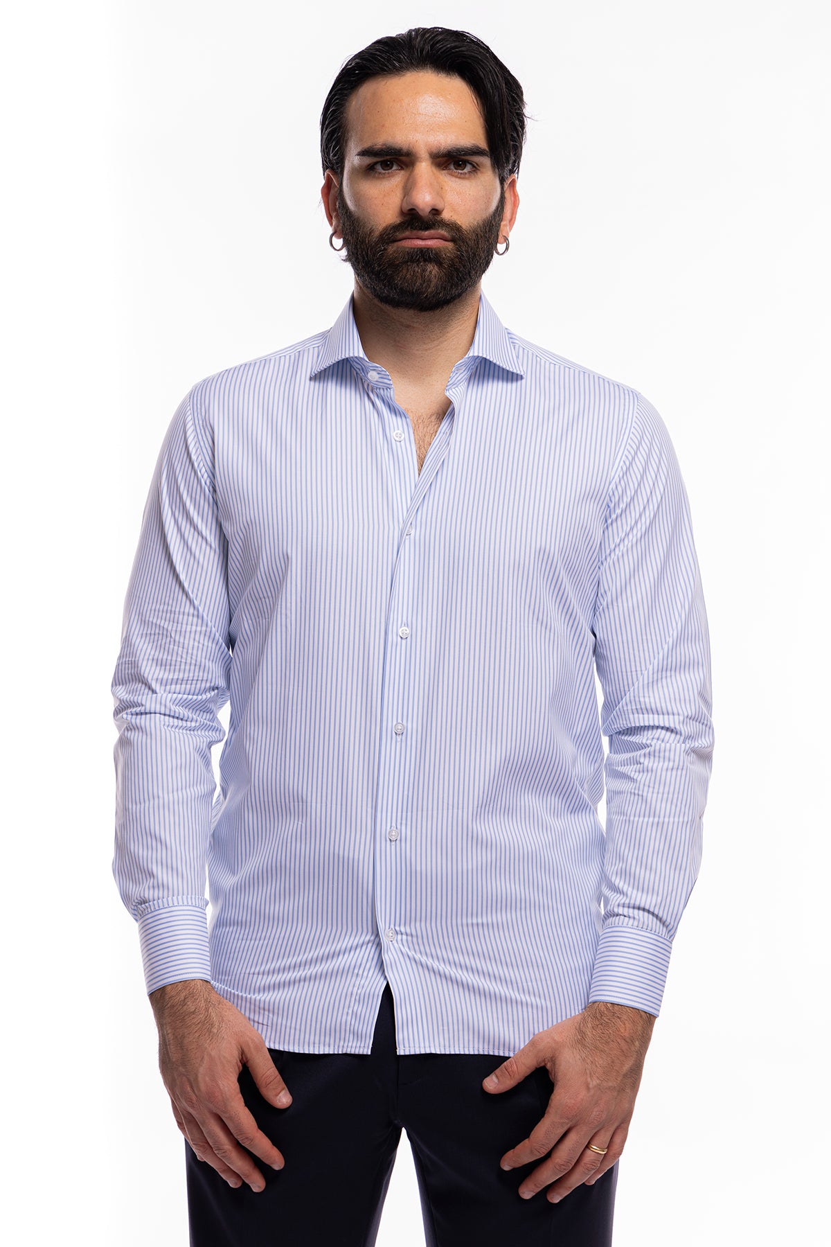 Camicia Uomo regular Fit riga celeste stretta 100% cotone collo semi francese mileta Tessuti