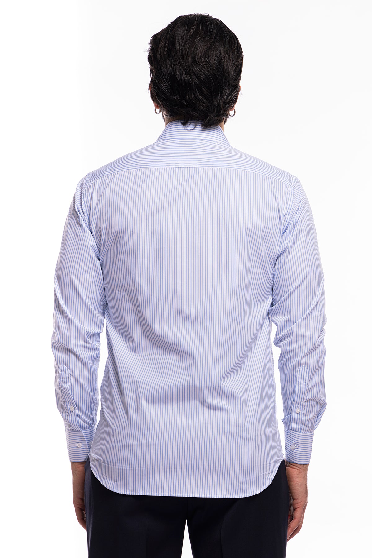 Camicia Uomo regular Fit riga celeste stretta 100% cotone collo semi francese mileta Tessuti