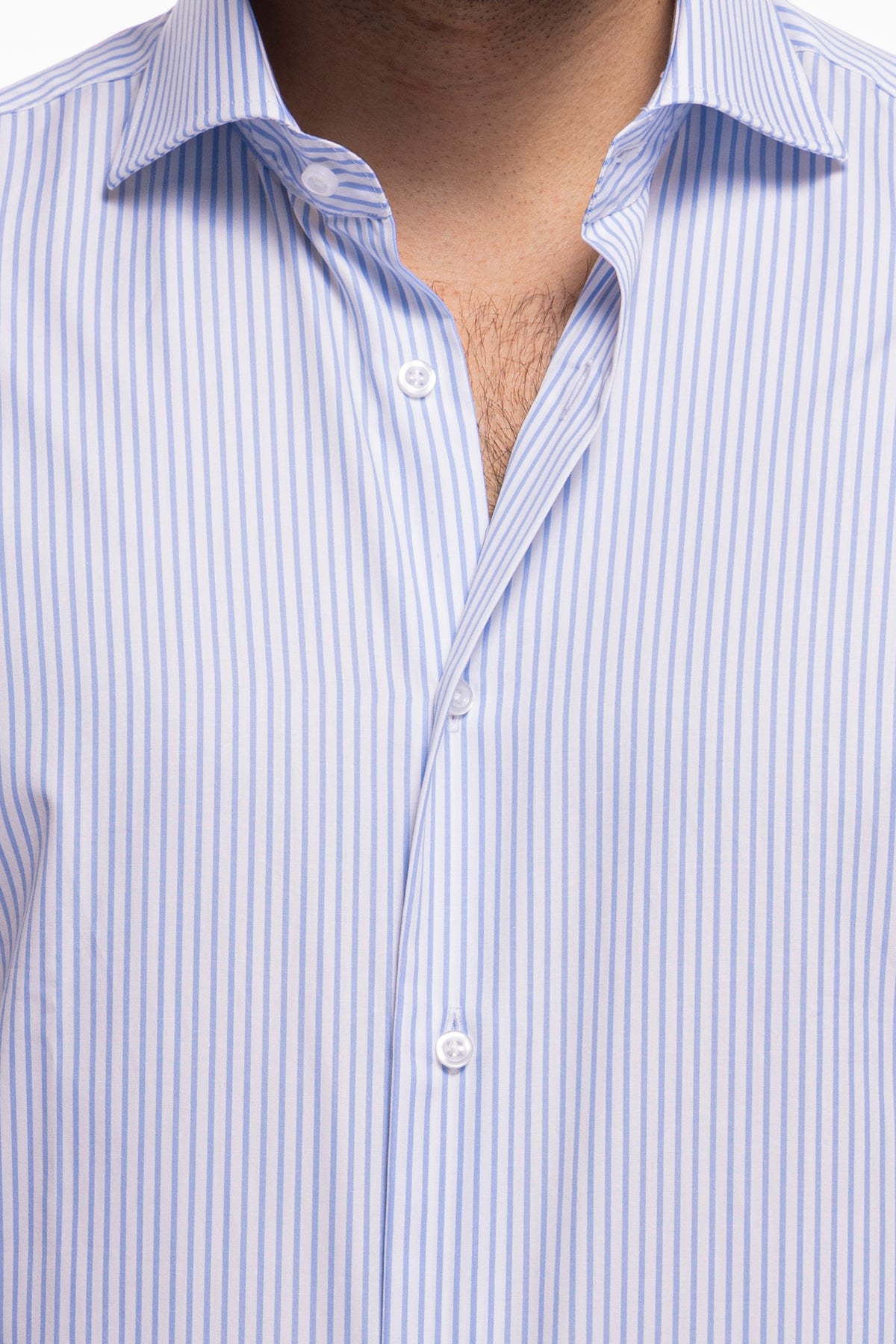 Camicia Uomo regular Fit riga celeste stretta 100% cotone collo semi francese mileta Tessuti
