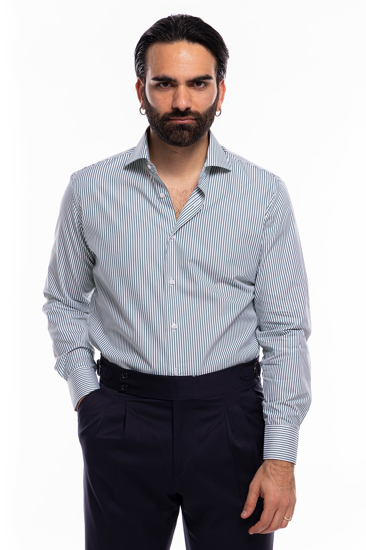 Camicia Uomo regular Fit riga verde stretta 100% cotone collo semi francese mileta Tessuti