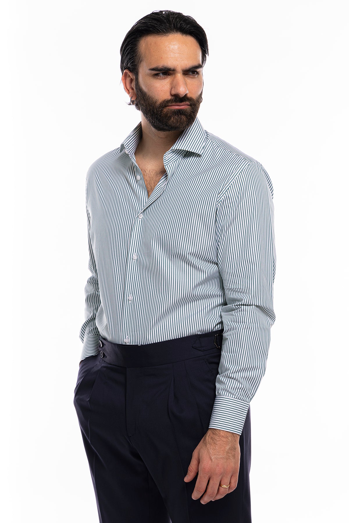 Camicia Uomo regular Fit riga verde stretta 100% cotone collo semi francese mileta Tessuti