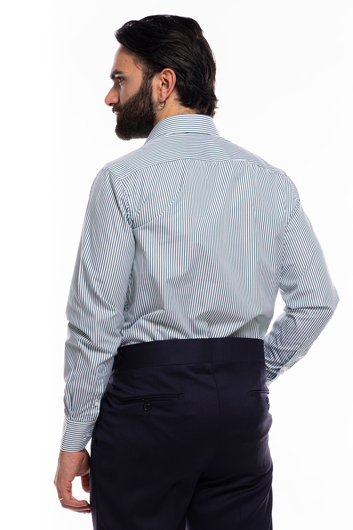 Camicia Uomo regular Fit riga verde stretta 100% cotone collo semi francese mileta Tessuti