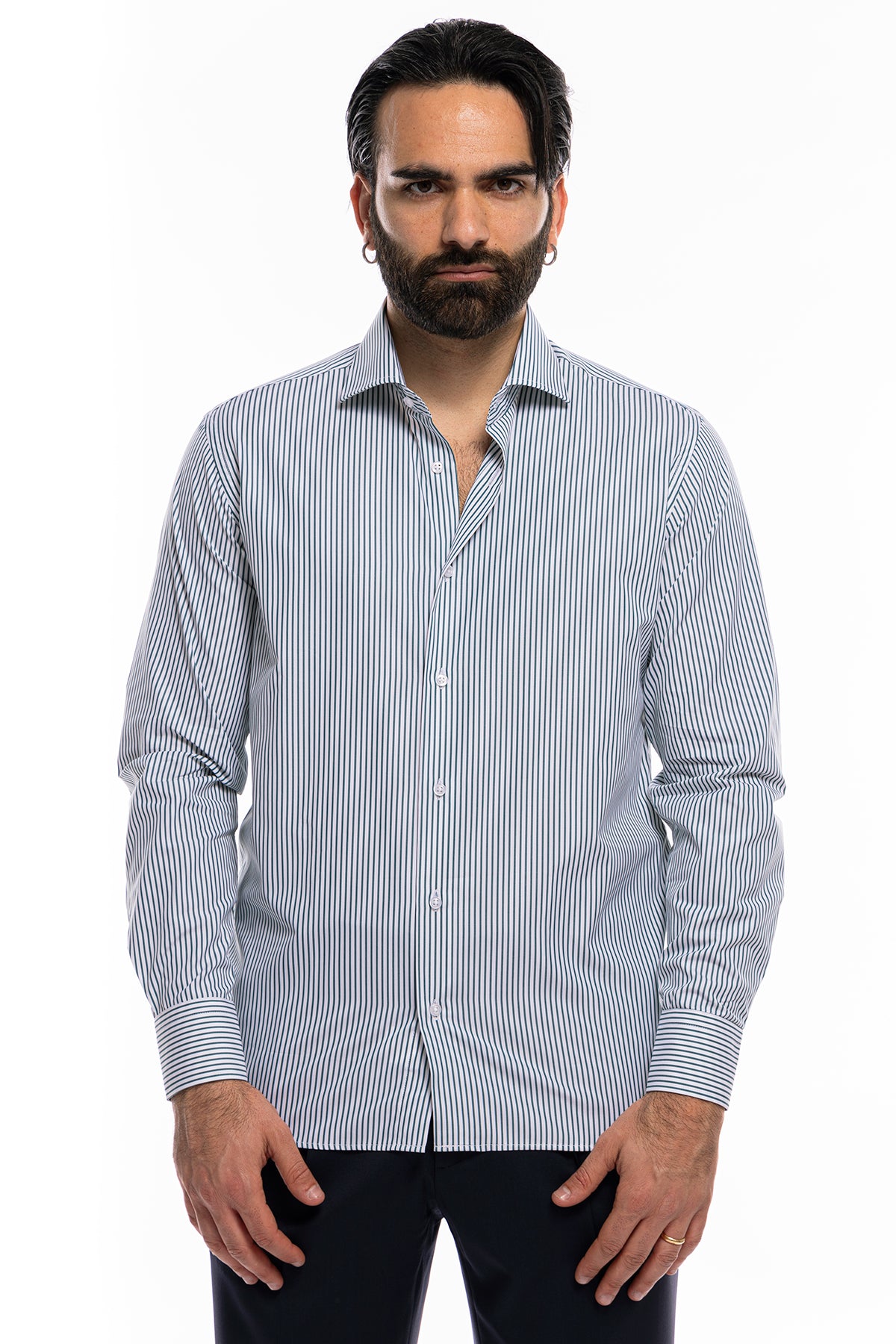Camicia Uomo regular Fit riga verde stretta 100% cotone collo semi francese mileta Tessuti