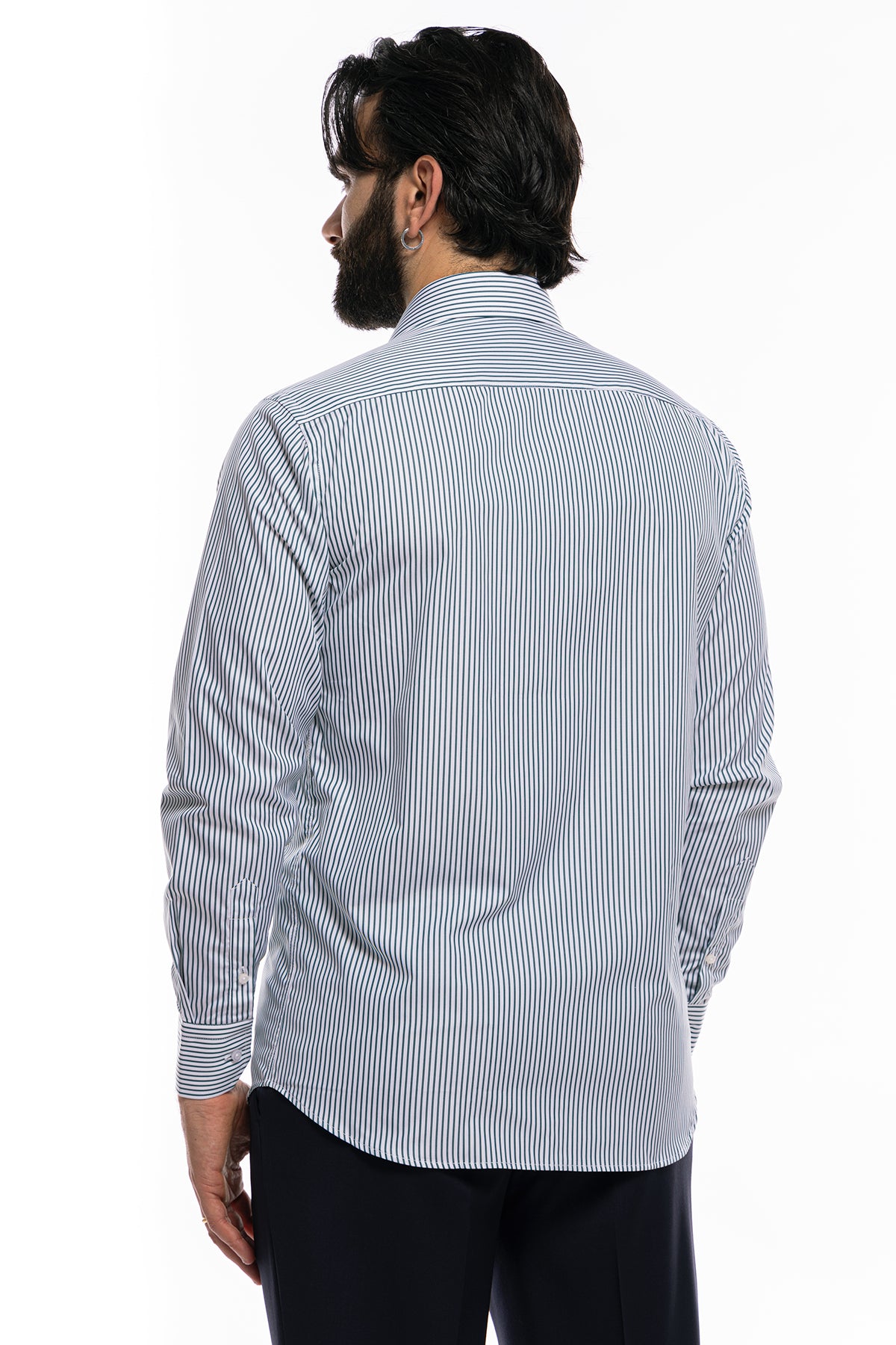 Camicia Uomo regular Fit riga verde stretta 100% cotone collo semi francese mileta Tessuti