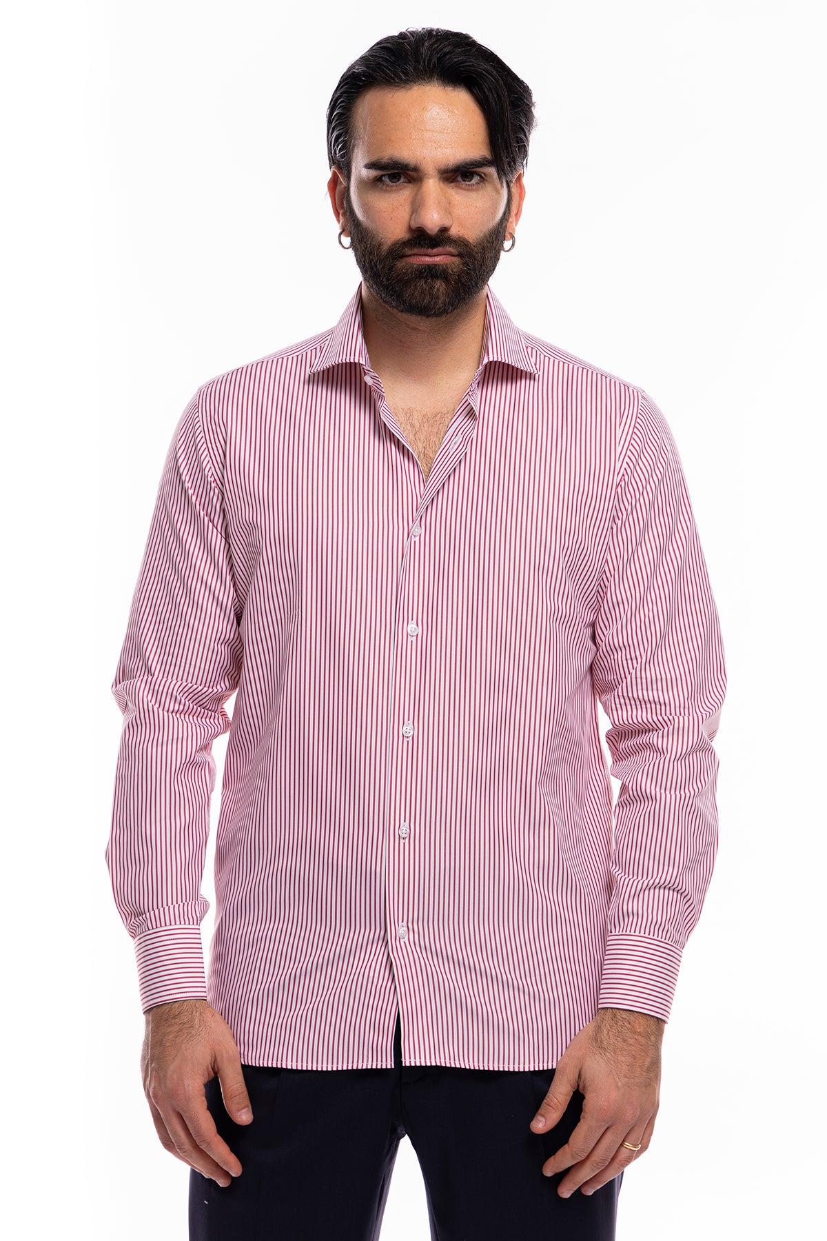 Camicia Uomo regular Fit riga rossa stretta 100% cotone collo semi francese mileta Tessuti
