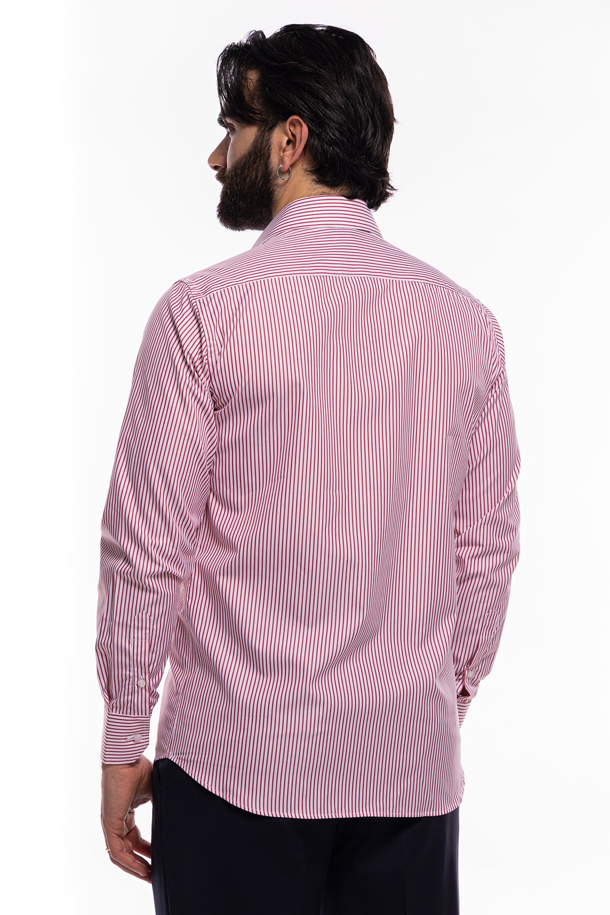 Camicia Uomo regular Fit riga rossa stretta 100% cotone collo semi francese mileta Tessuti