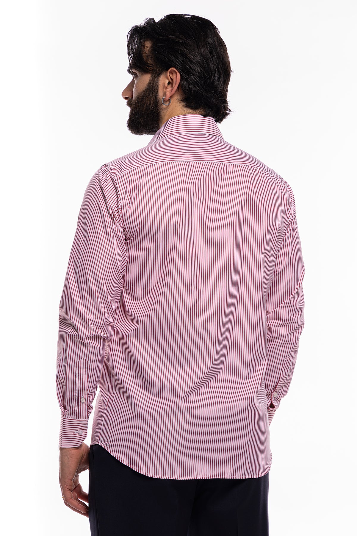 Camicia Uomo regular Fit riga rossa stretta 100% cotone collo semi francese mileta Tessuti
