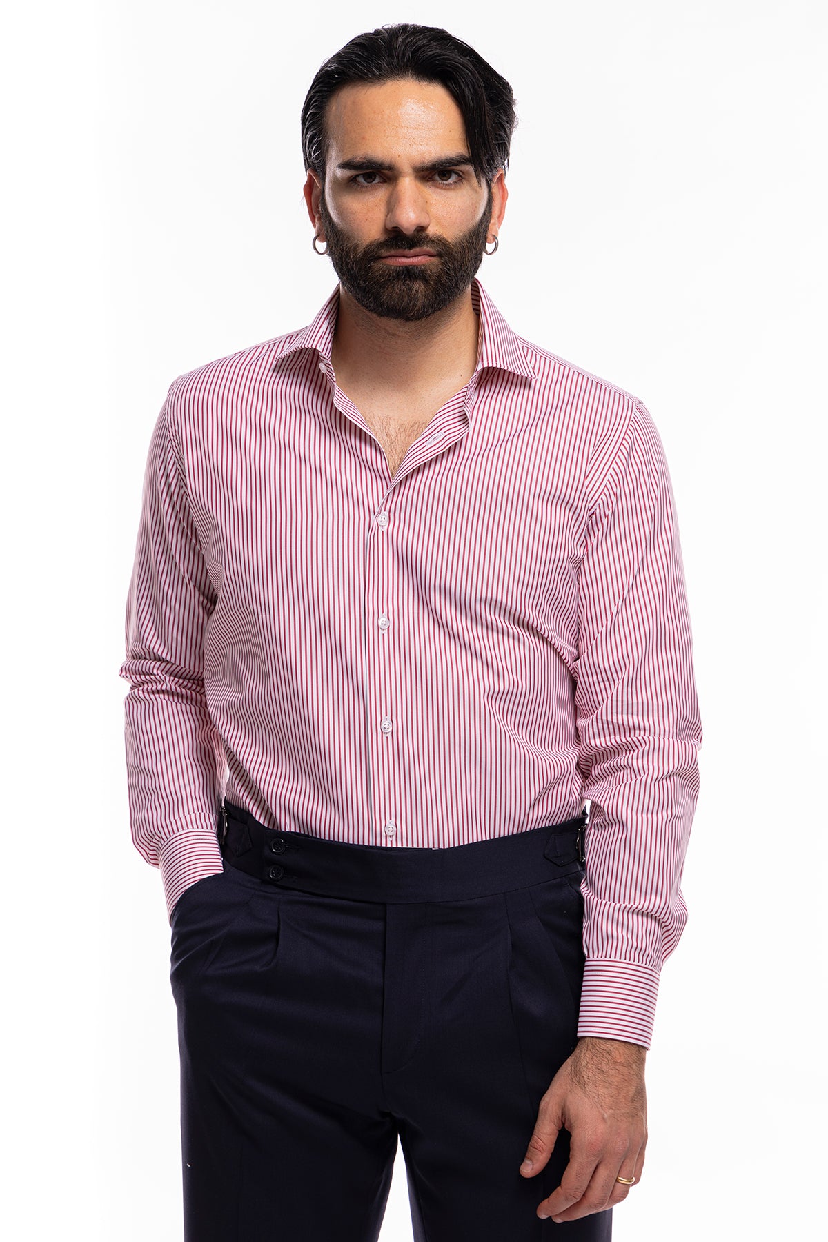 Camicia Uomo regular Fit riga rossa stretta 100% cotone collo semi francese mileta Tessuti