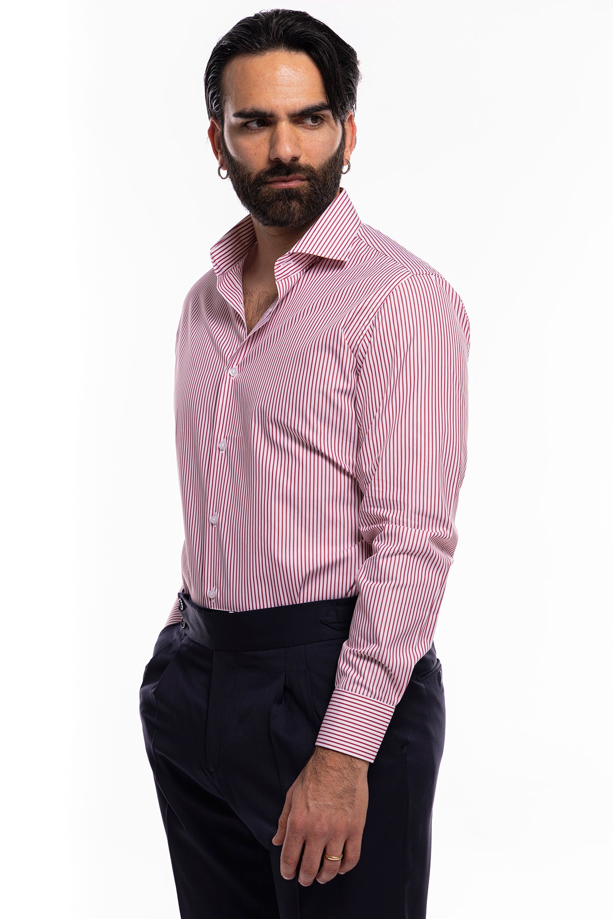 Camicia Uomo regular Fit riga rossa stretta 100% cotone collo semi francese mileta Tessuti