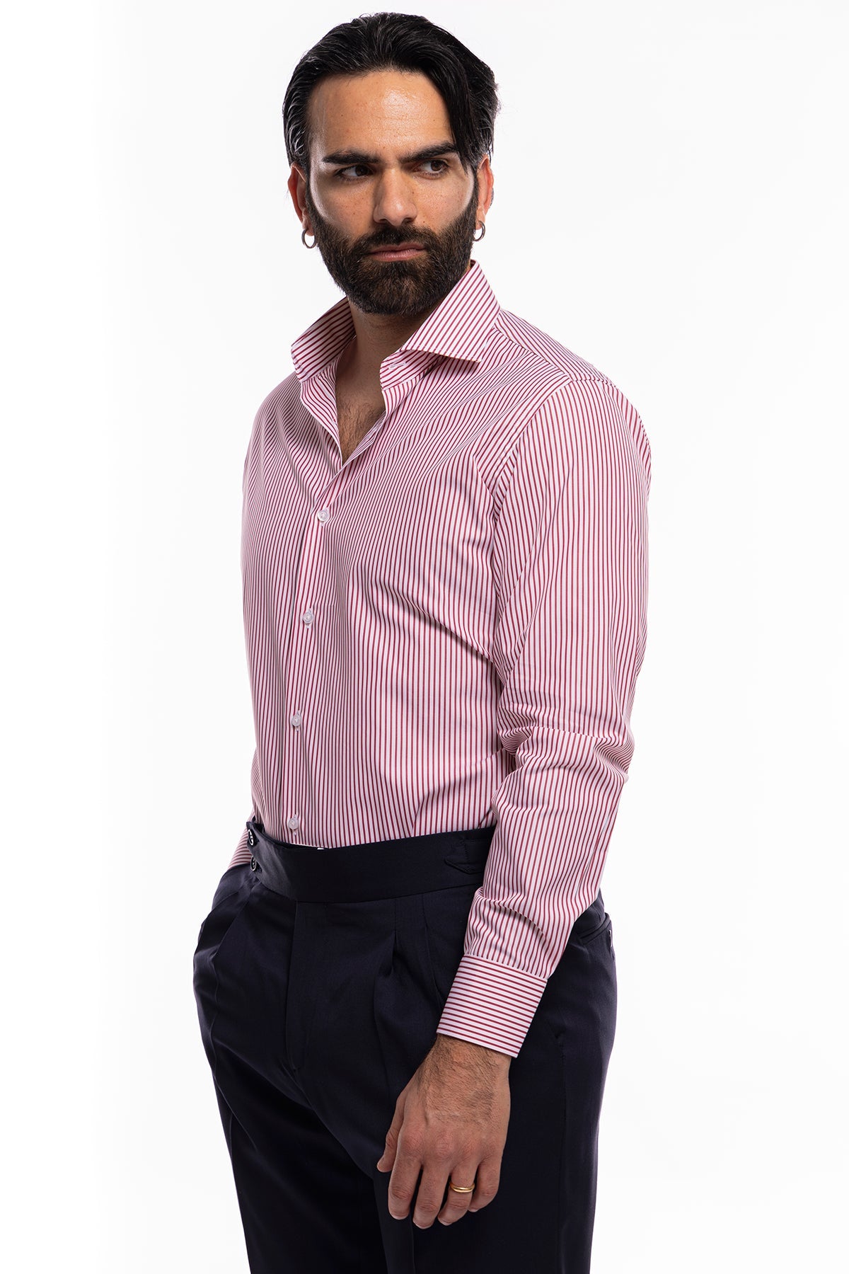 Camicia Uomo regular Fit riga rossa stretta 100% cotone collo semi francese mileta Tessuti
