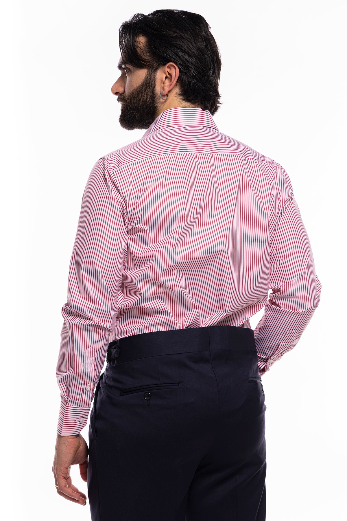 Camicia Uomo regular Fit riga rossa stretta 100% cotone collo semi francese mileta Tessuti
