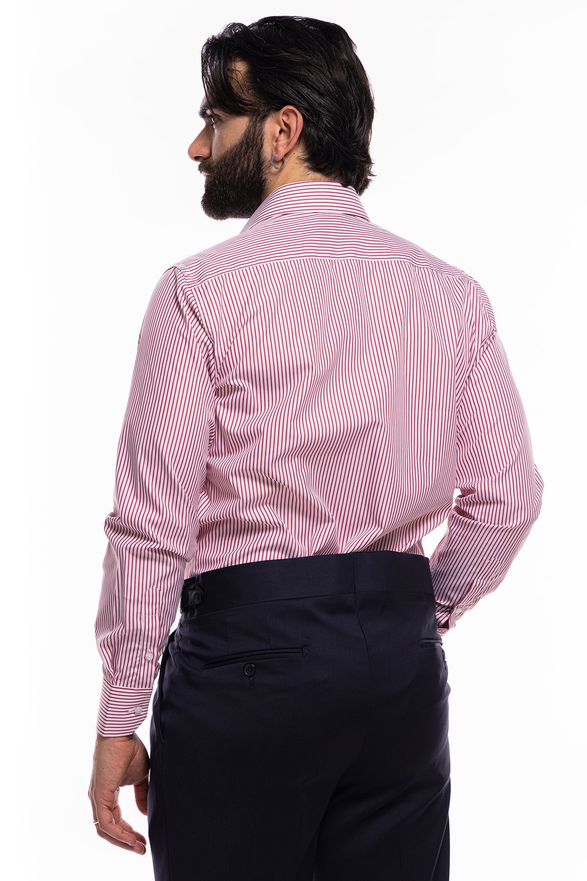 Camicia Uomo regular Fit riga rossa stretta 100% cotone collo semi francese mileta Tessuti