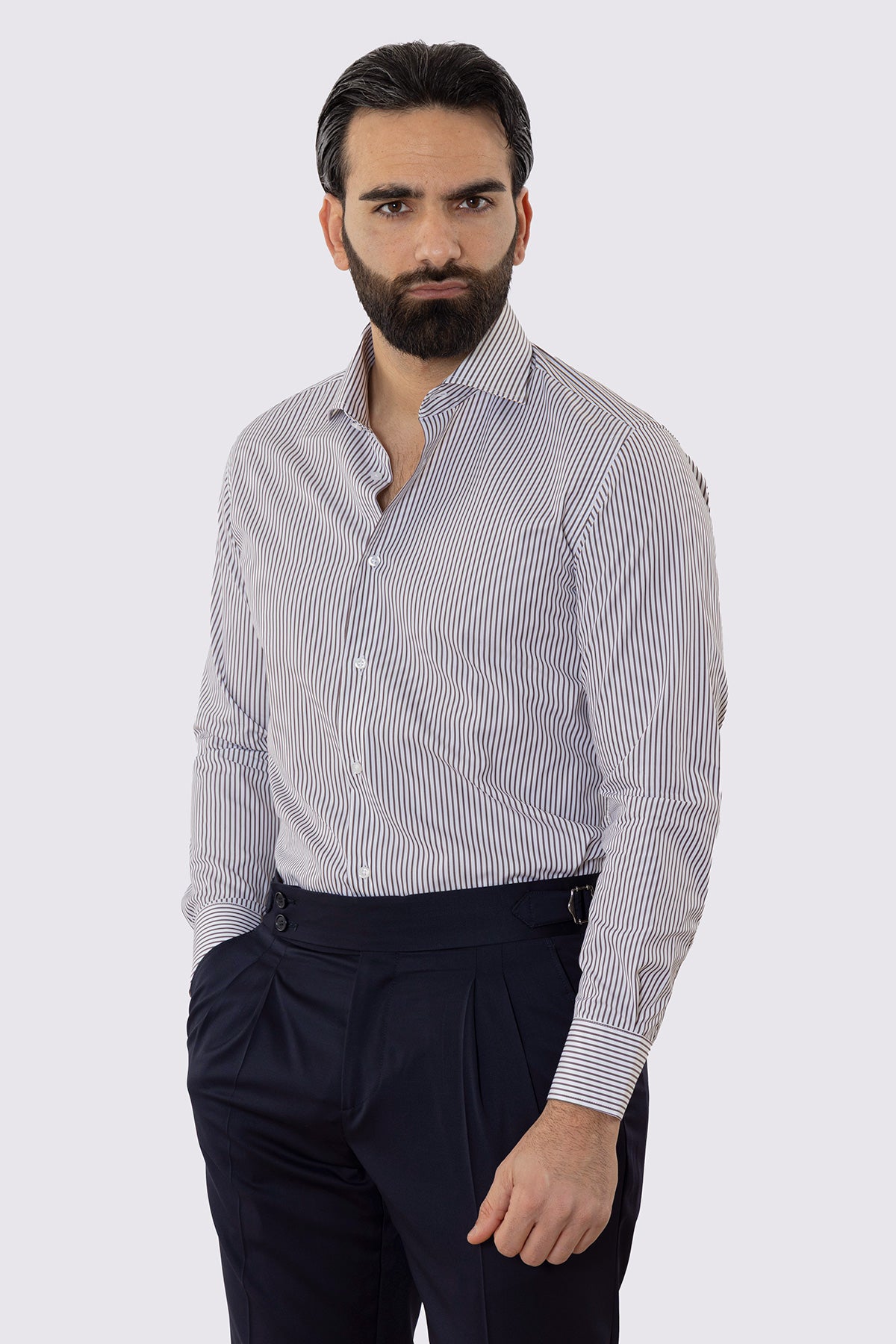 Camicia Uomo regular Fit riga marrone stretta 100% cotone collo semi francese mileta Tessuti