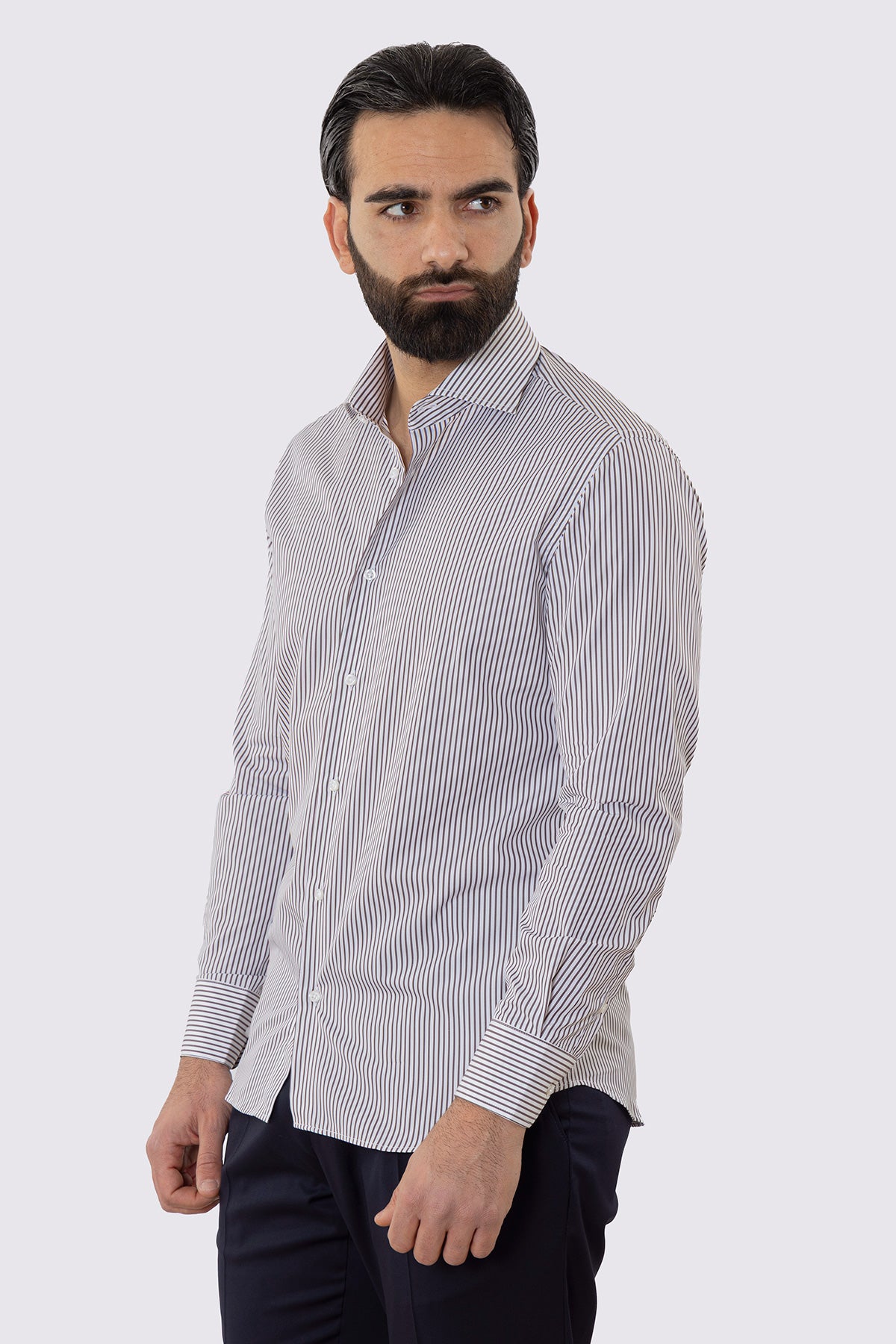 Camicia Uomo regular Fit riga marrone stretta 100% cotone collo semi francese mileta Tessuti