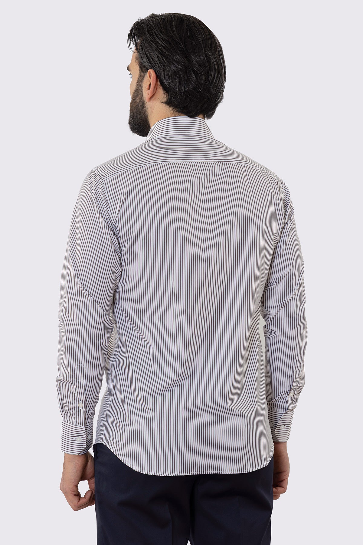 Camicia Uomo regular Fit riga marrone stretta 100% cotone collo semi francese mileta Tessuti