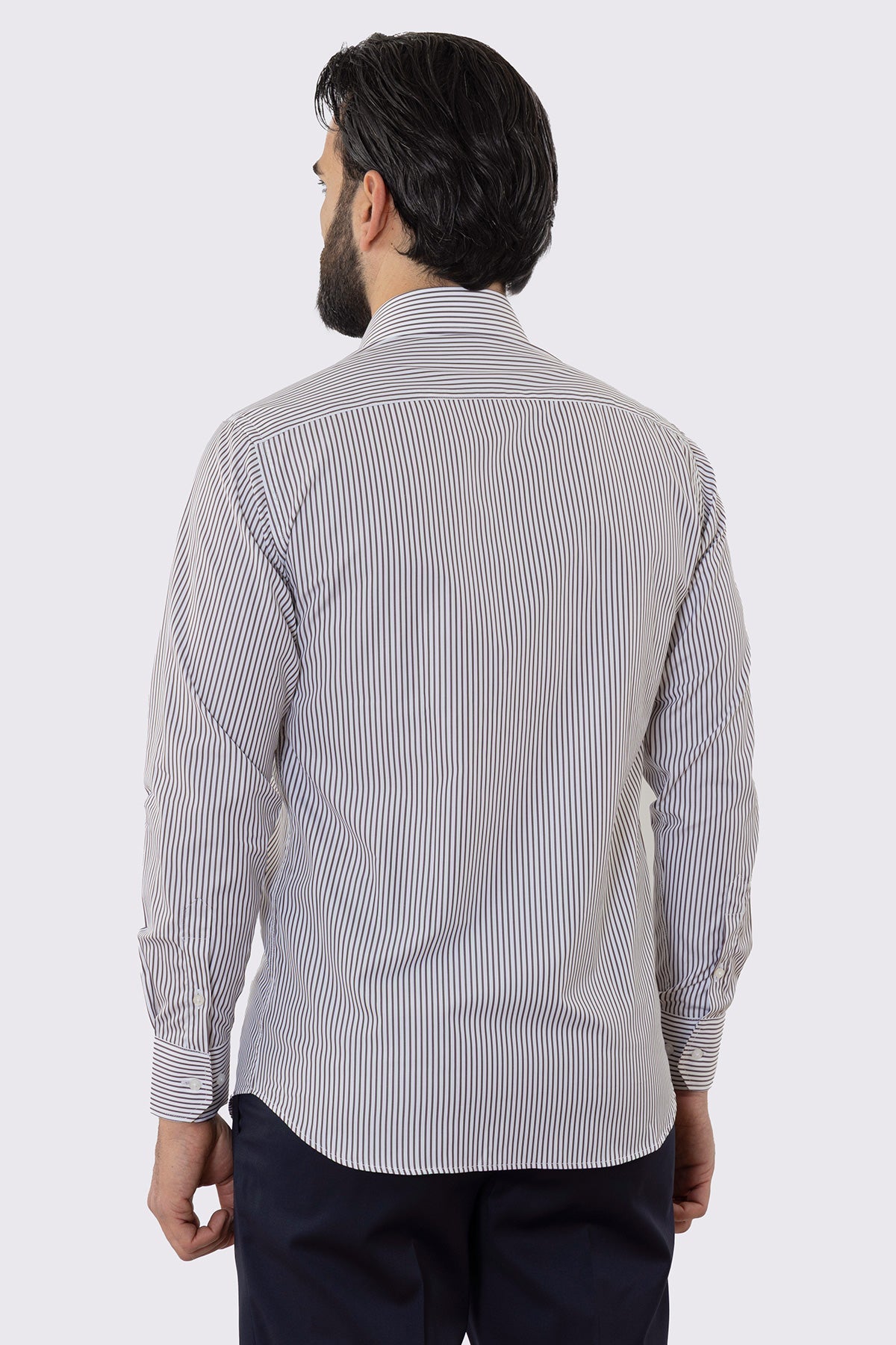 Camicia Uomo regular Fit riga marrone stretta 100% cotone collo semi francese mileta Tessuti