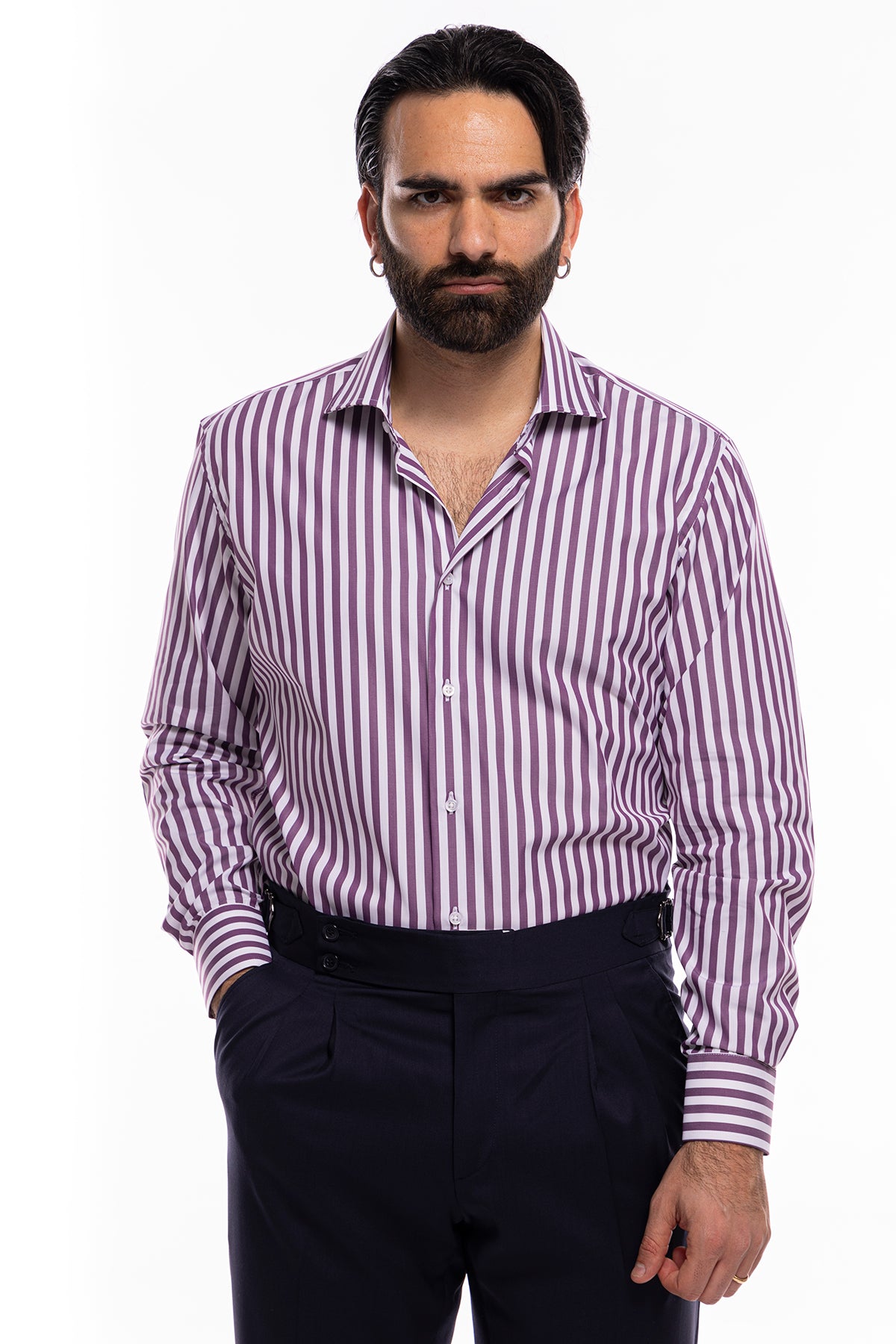Camicia Uomo regular Fit riga viola larga 100% cotone collo semi francese mileta Tessuti