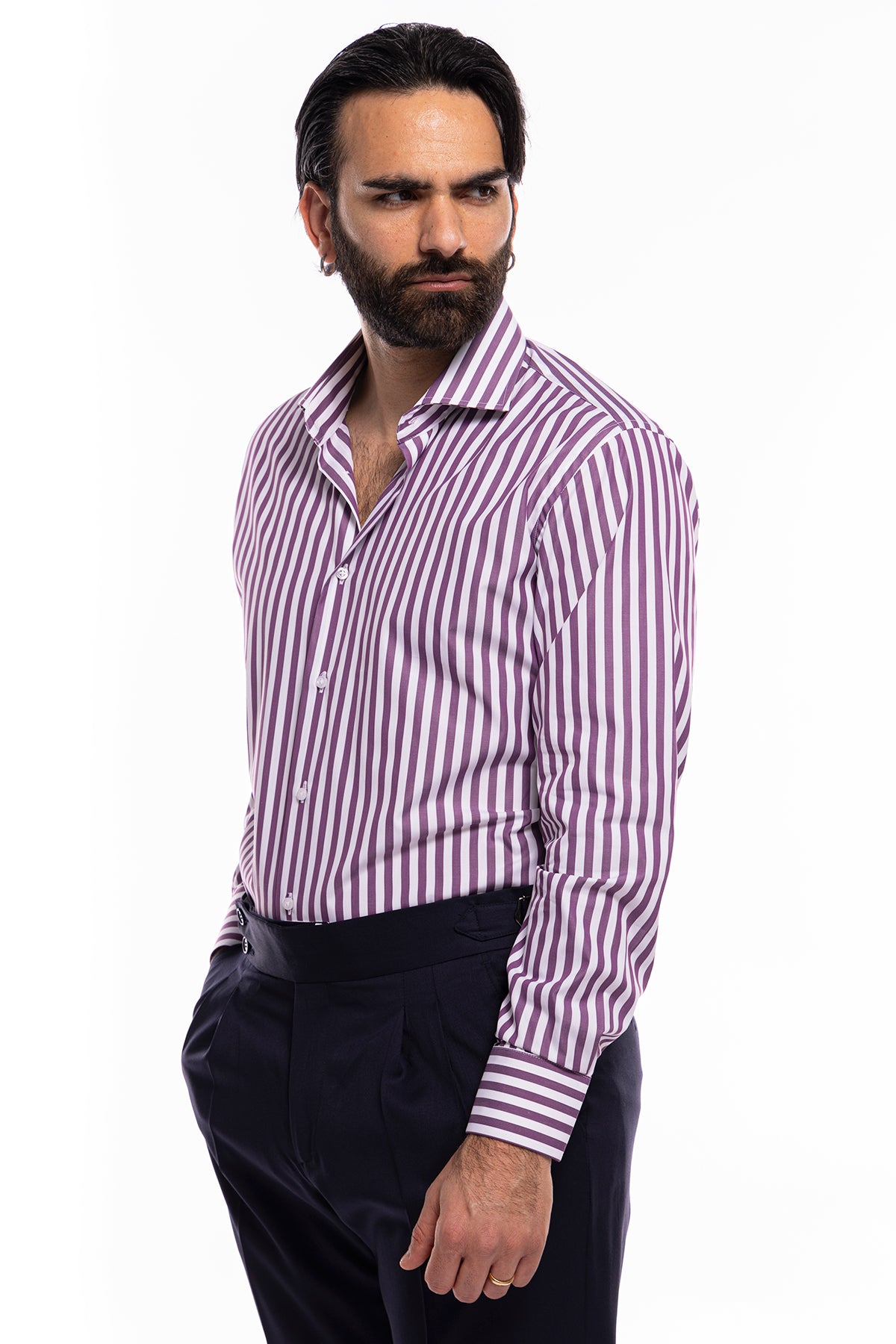 Camicia Uomo regular Fit riga viola larga 100% cotone collo semi francese mileta Tessuti