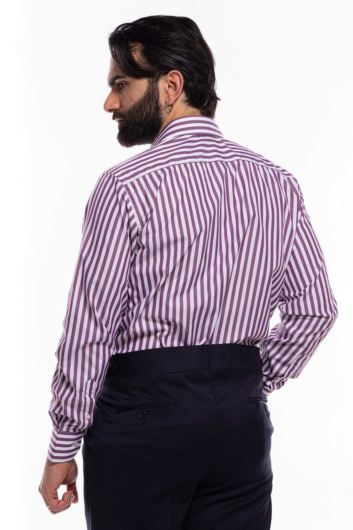 Camicia Uomo regular Fit riga viola larga 100% cotone collo semi francese mileta Tessuti