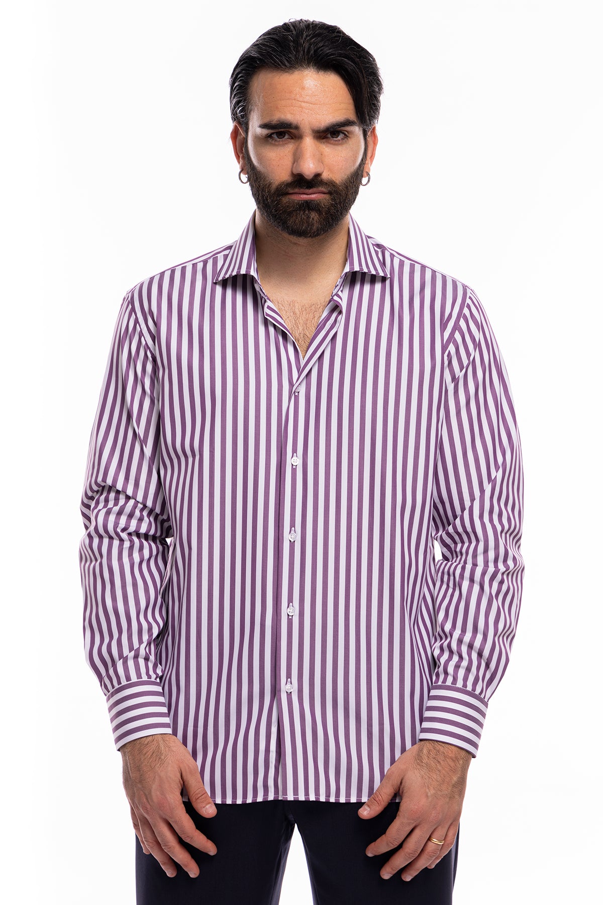 Camicia Uomo regular Fit riga viola larga 100% cotone collo semi francese mileta Tessuti