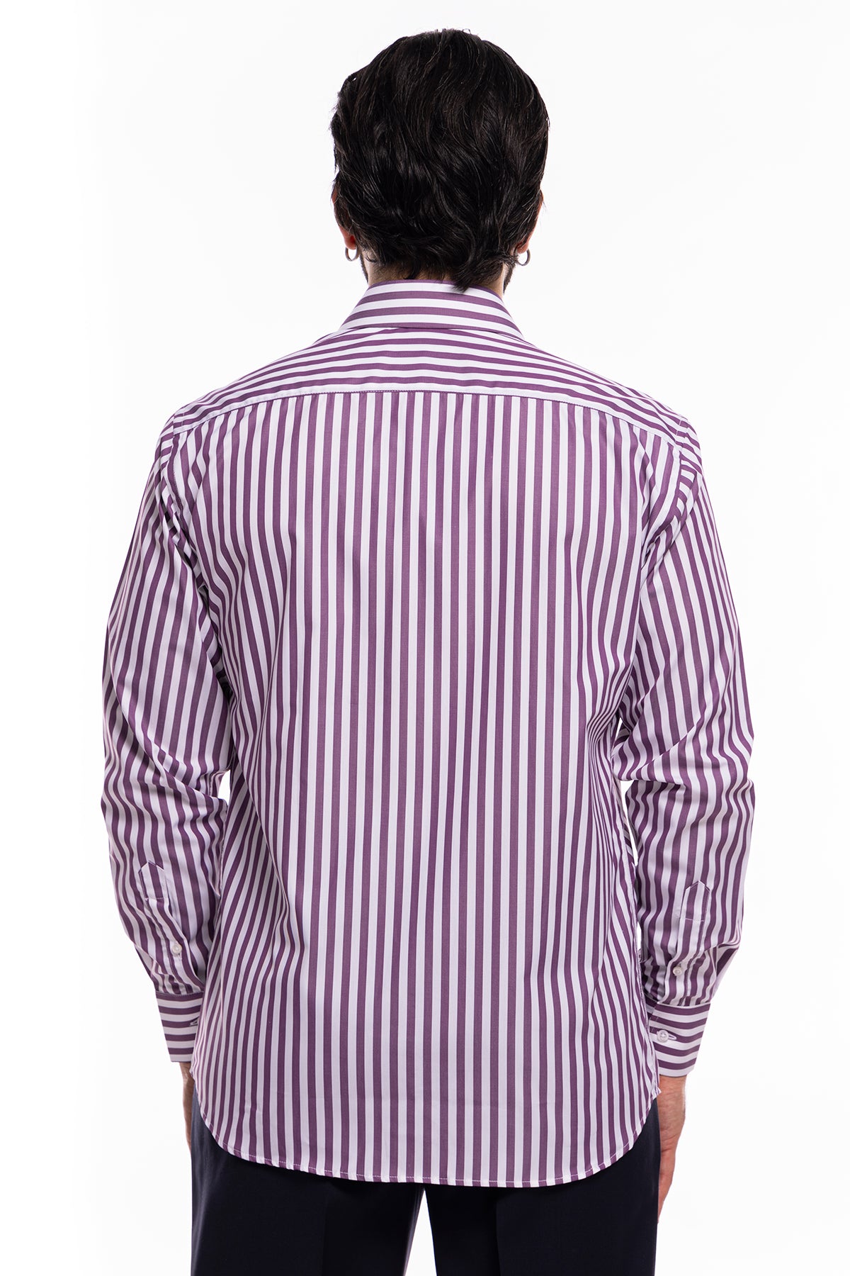 Camicia Uomo regular Fit riga viola larga 100% cotone collo semi francese mileta Tessuti